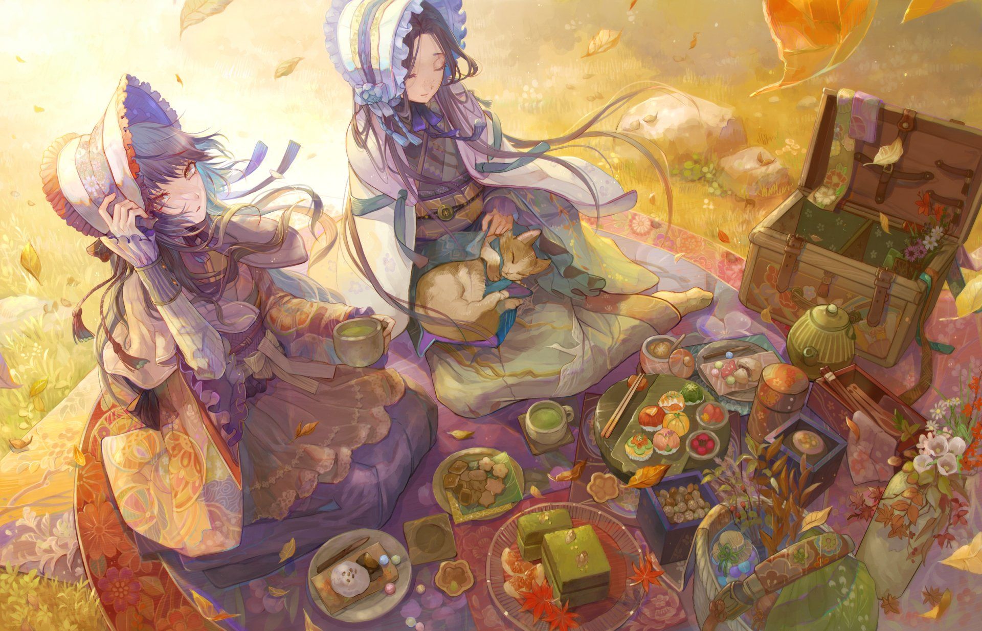 1920x1234 Sunlit Anime Picnic: Girls, Cats & Tea