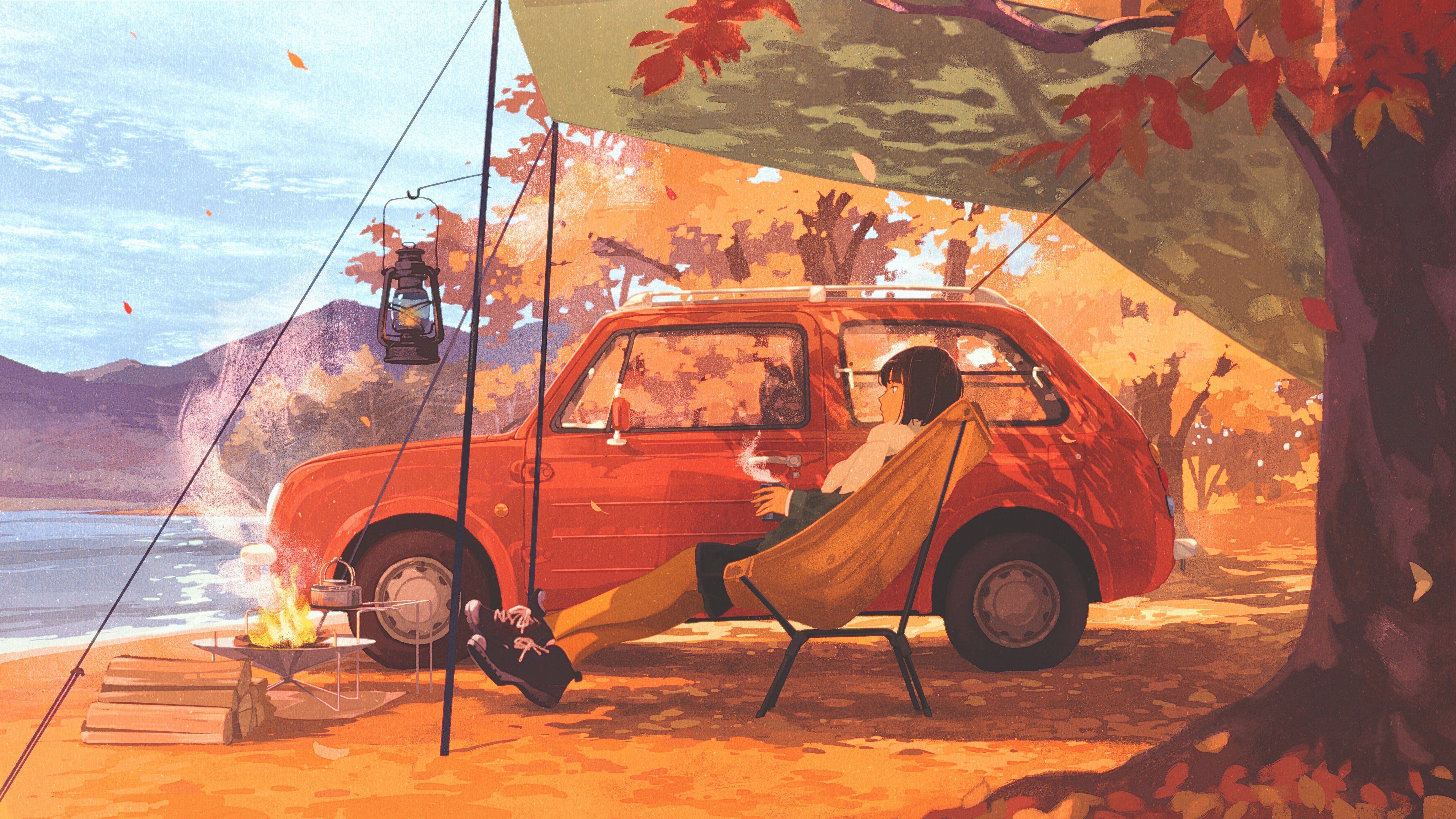 4096x2304 Desktop wallpaper: Camping, Anime, Girl, Picnic 4K free download for PC. 1065167