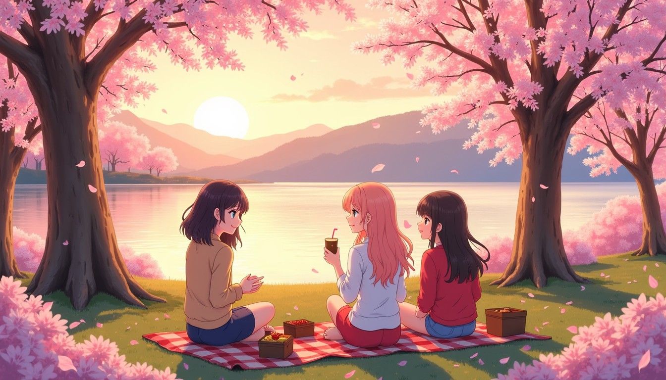 1344x768 Download Cherry Blossom Picnic Image, Sakura, Sunset