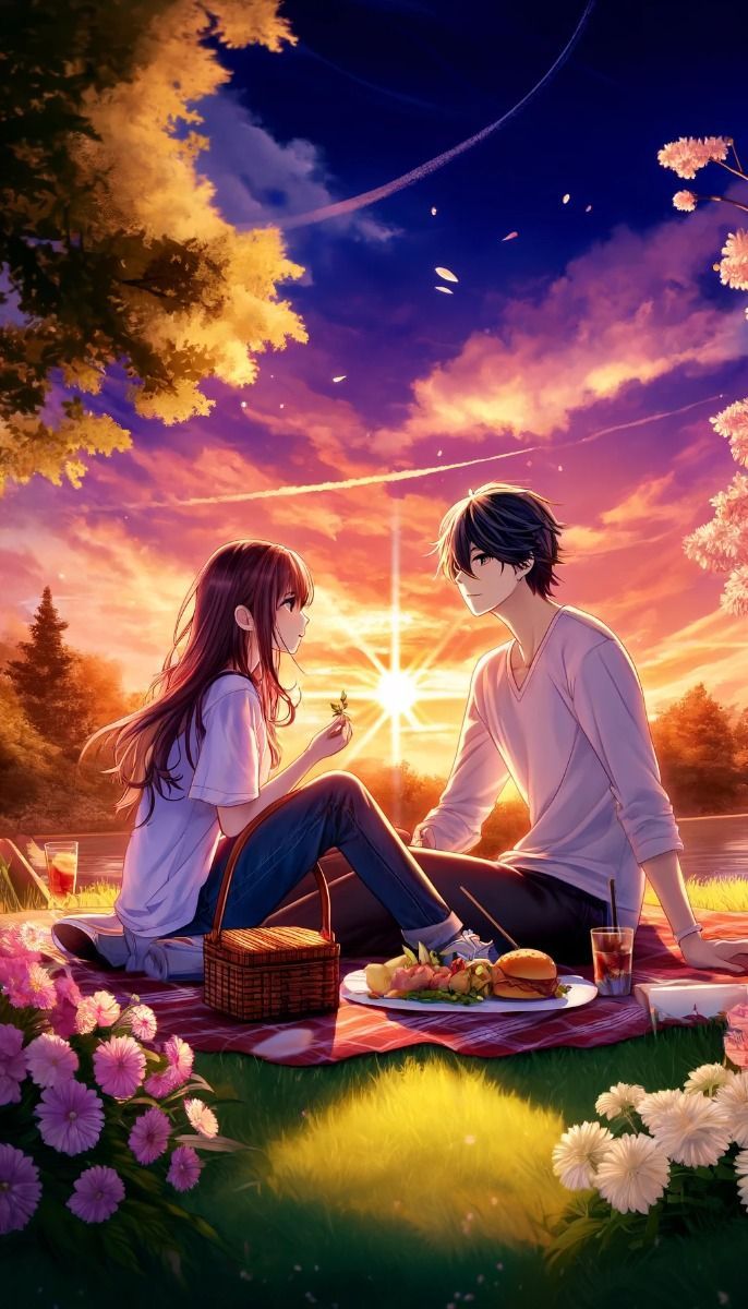 686x1200 Sunset Picnic Romance. Picnic date drawing, Sunset picnic date, Romantic picnic illustrations