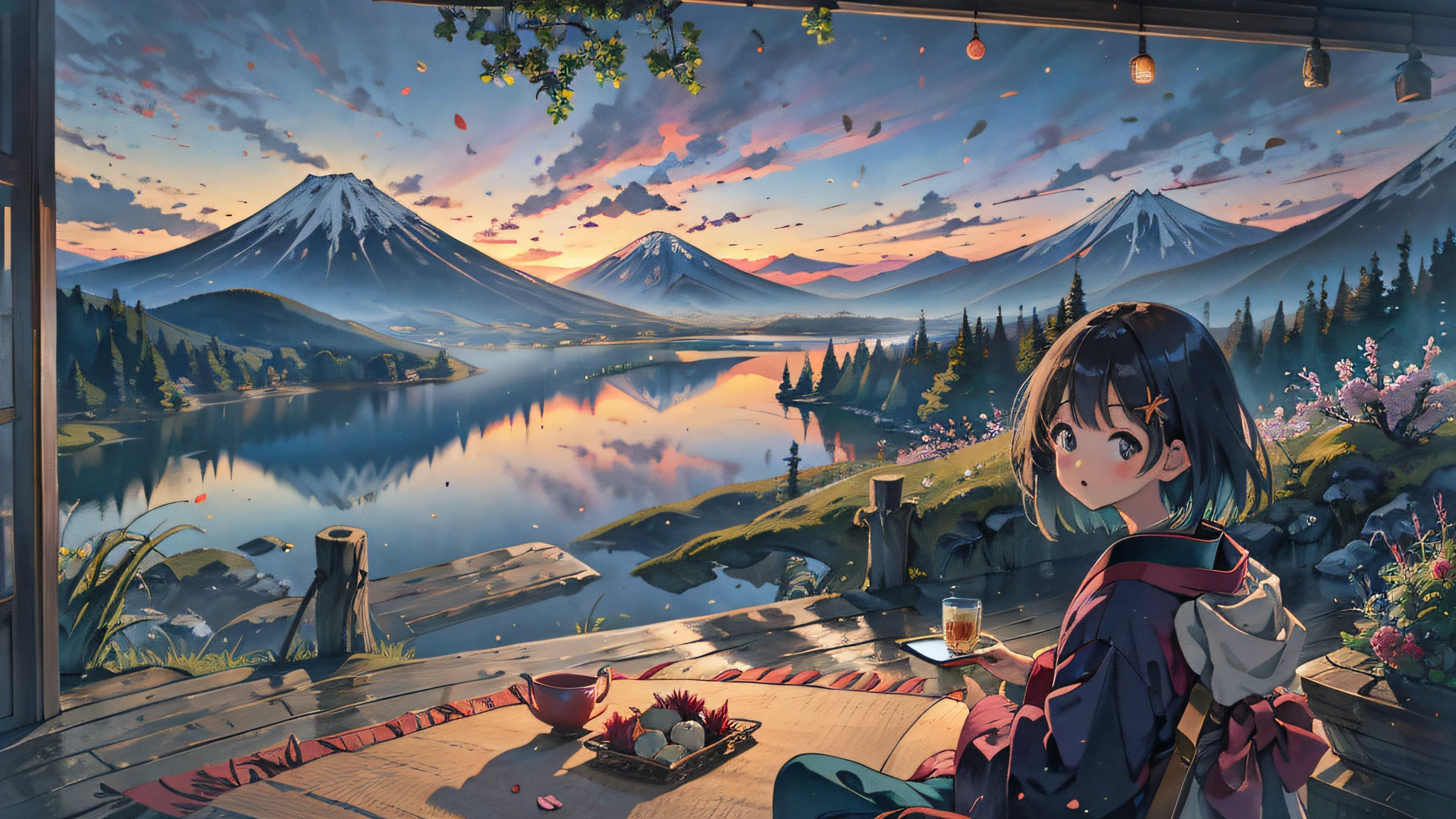 2048x1152 Anime girl sitting on a bench looking out at a lake