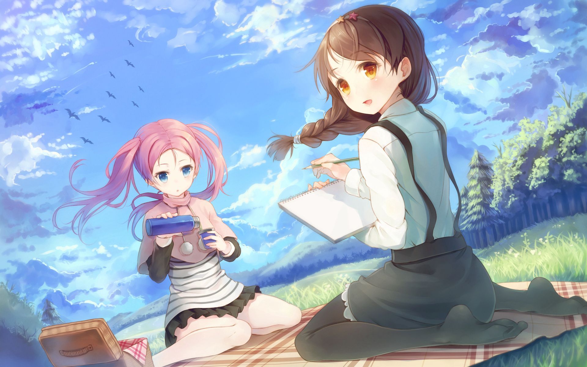 1920x1200 Phone wallpaper: Anime, Girls, Tail, Thermos, Wind, Picnic 62343
