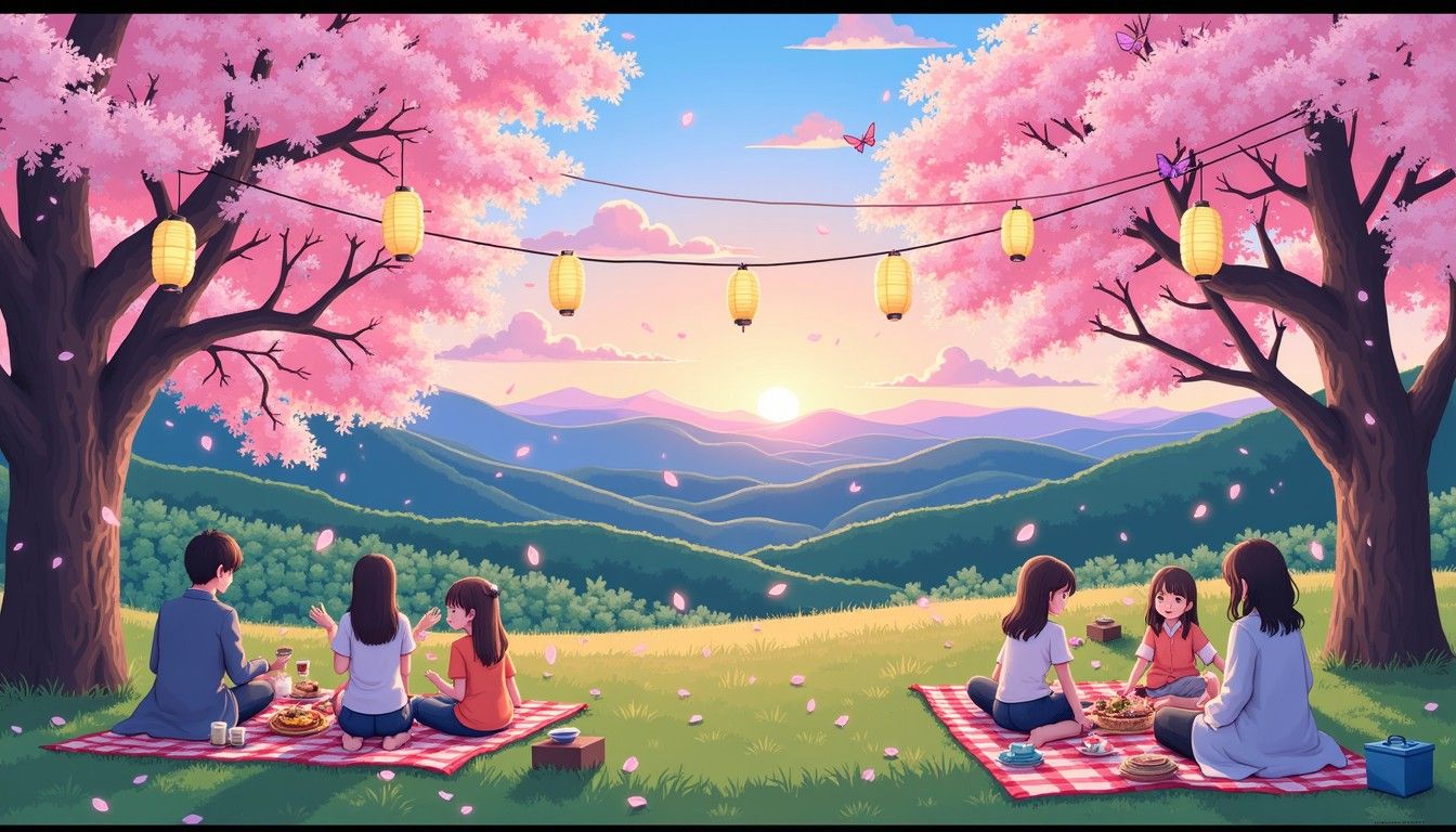 1344x768 Download Cherry Blossom Picnic Image, Sakura, Sunset