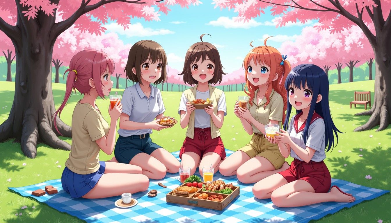 1344x768 Download Blossoming picnic friendship Image, Manga, Picnic