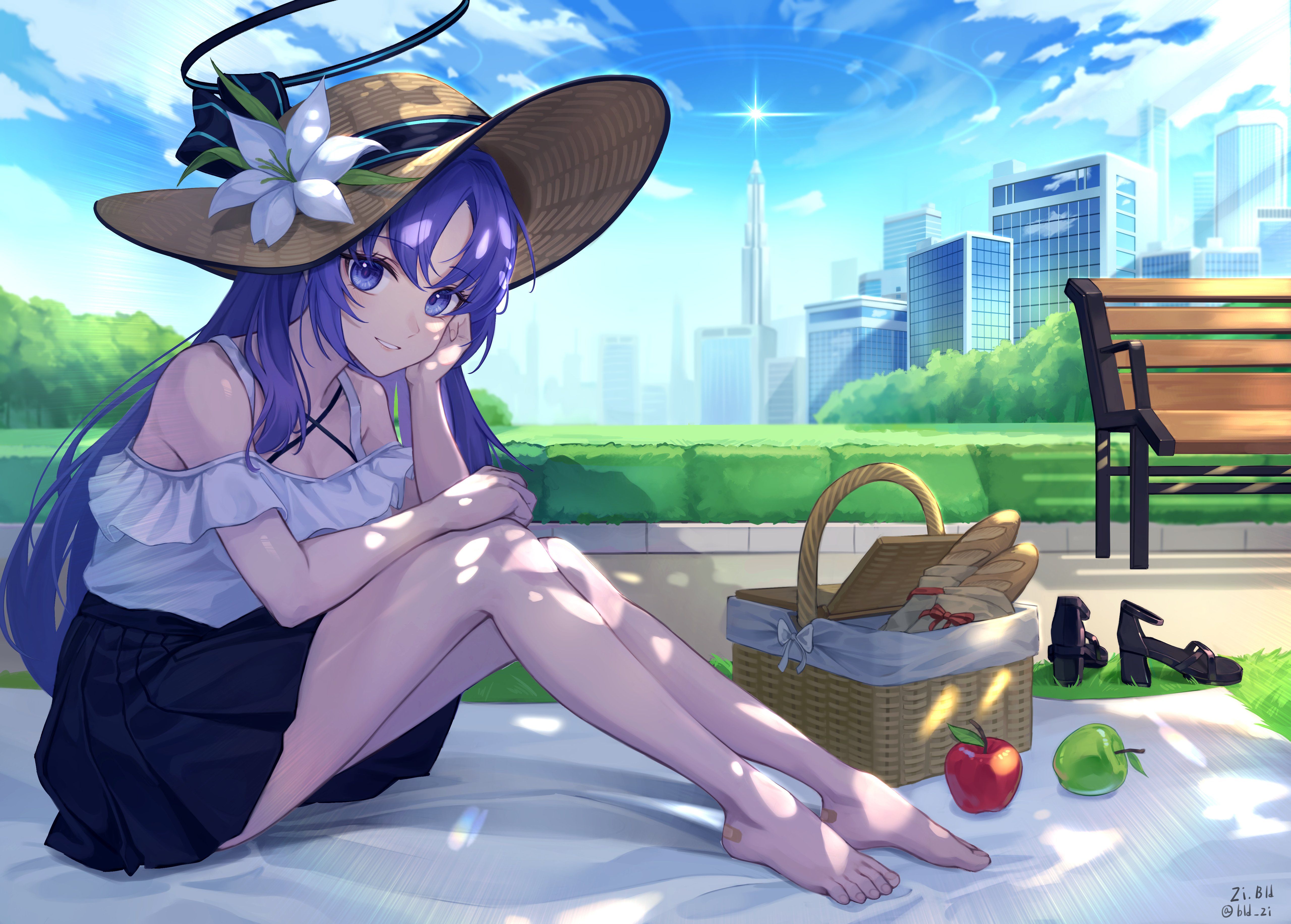 5120x3668 Hayase Yuuka Summer Picnic Wallpaper Blue Archivex3668