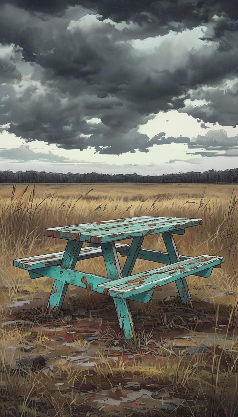 768x1344 Desolate Turquoise Picnic Table Scene in Anime Art Style Mobile Wallpaper