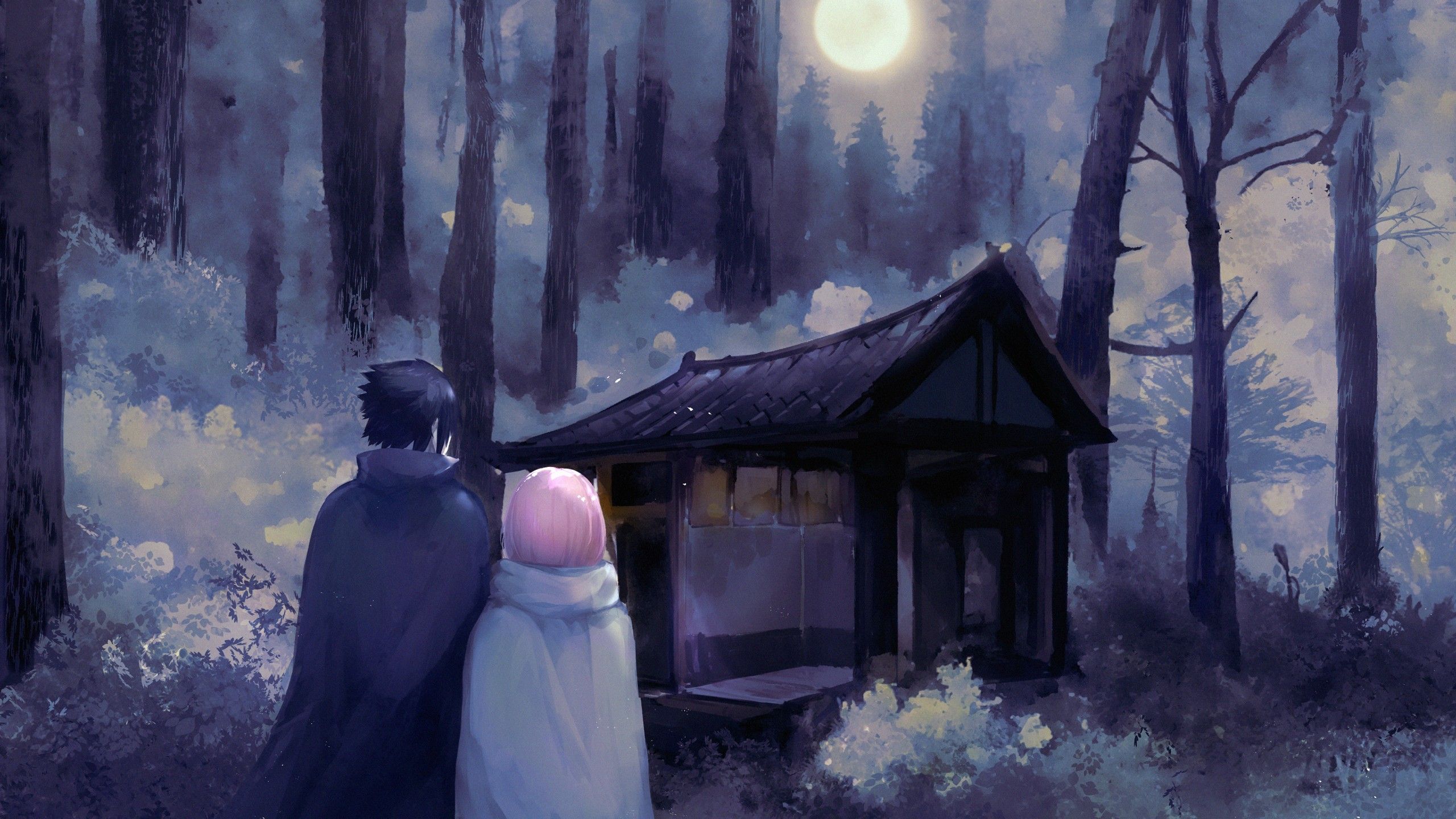 2560x1440 Sasuke Uchiha Sakura Haruno Anime Forest Background HD Naruto Wallpaper