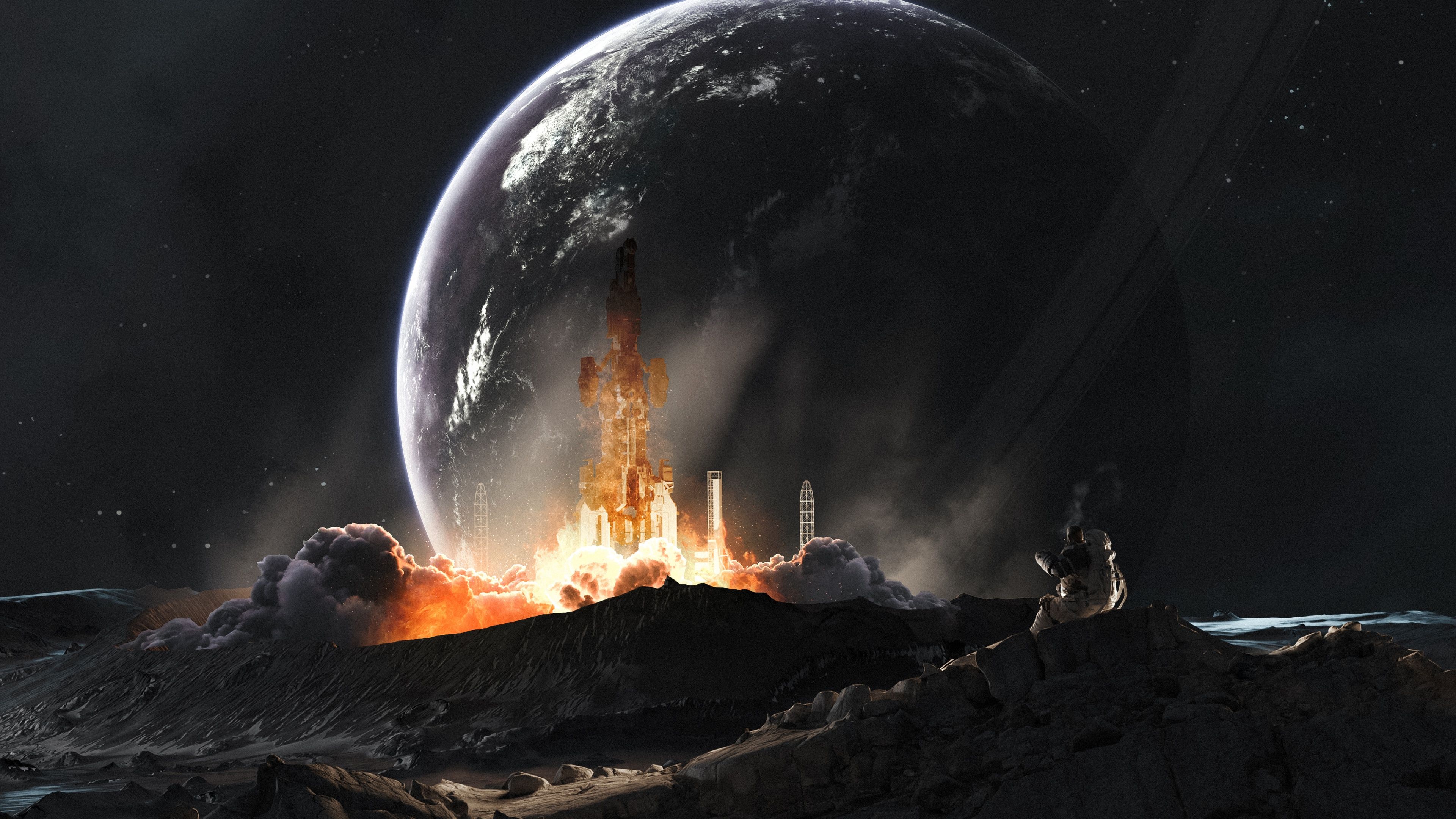 3840x2160 Moon Wallpaper 4K, Rocket launch, Astronaut