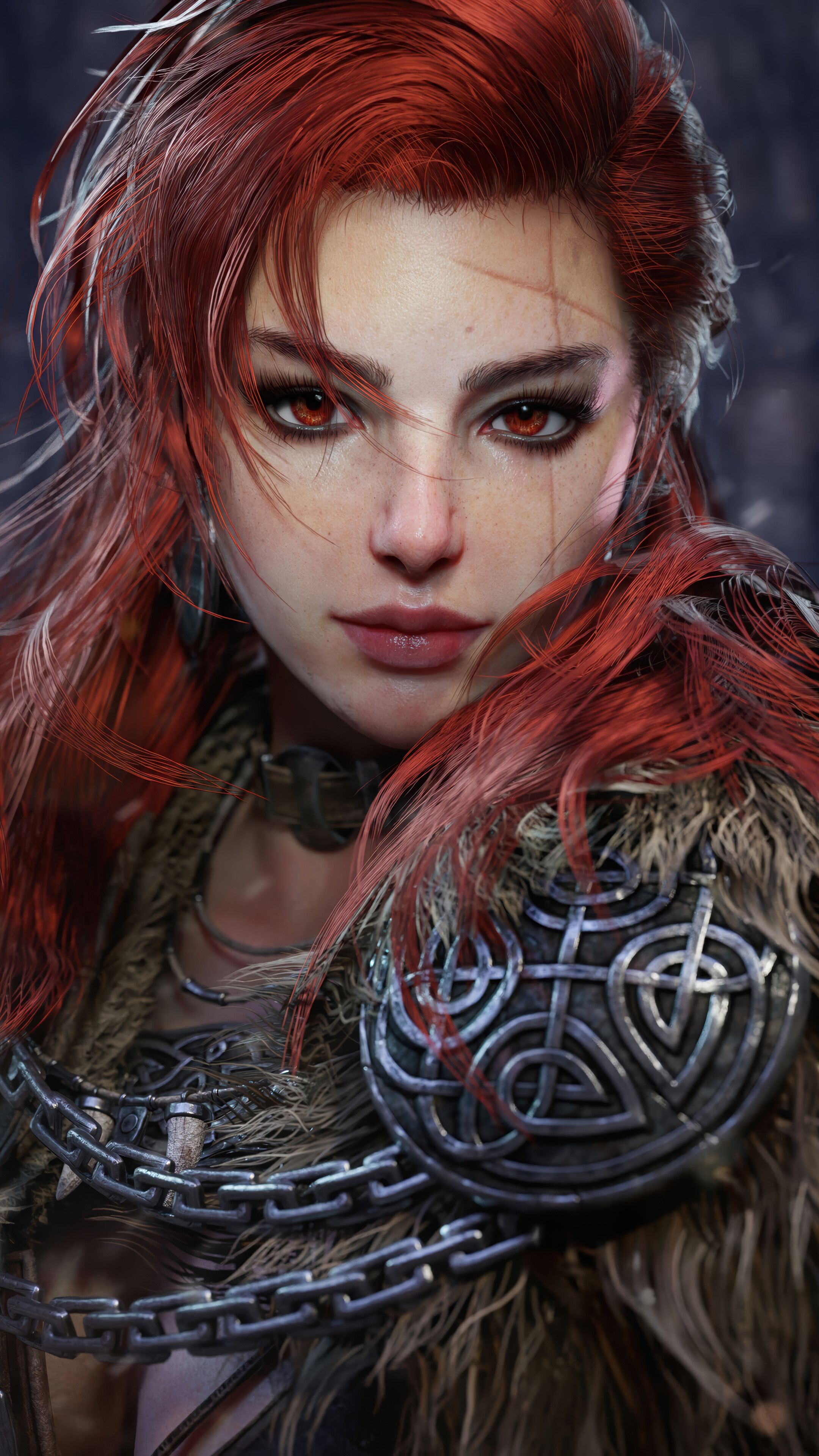 2160x3840 Viking Girl Red Eyes Fantasy Red Hair CGI 4K Wallpaper iPhone HD Phone d