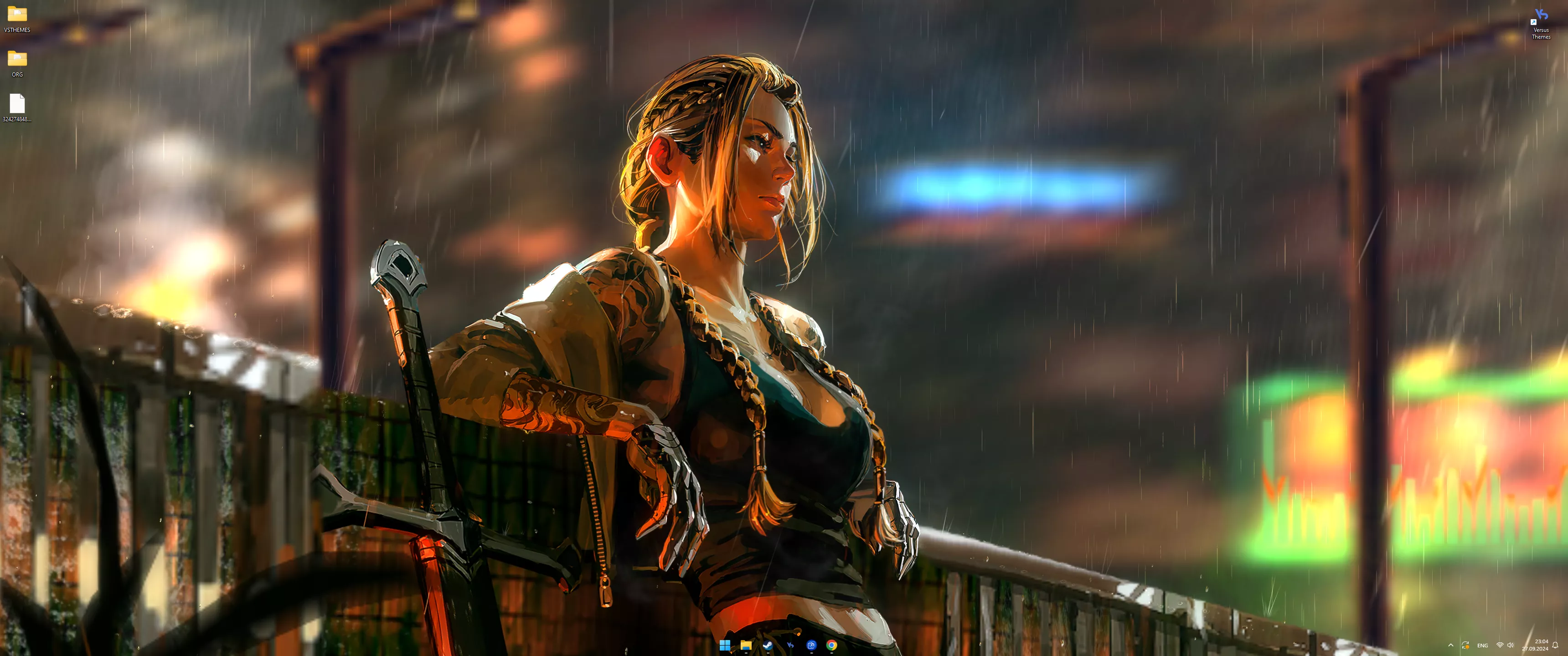 3440x1440 Live wallpaper Viking woman, rain, cyberpunk download on
