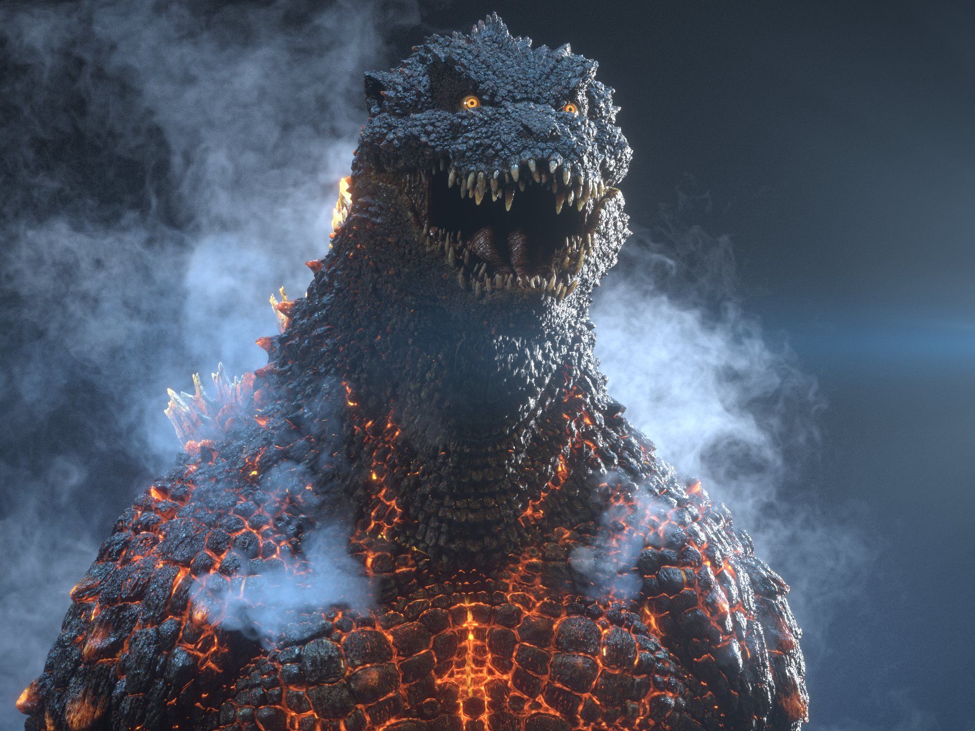 1920x1440 Burning Godzilla Set Up in 3D artist utilized EmberGen to simulate the smoke