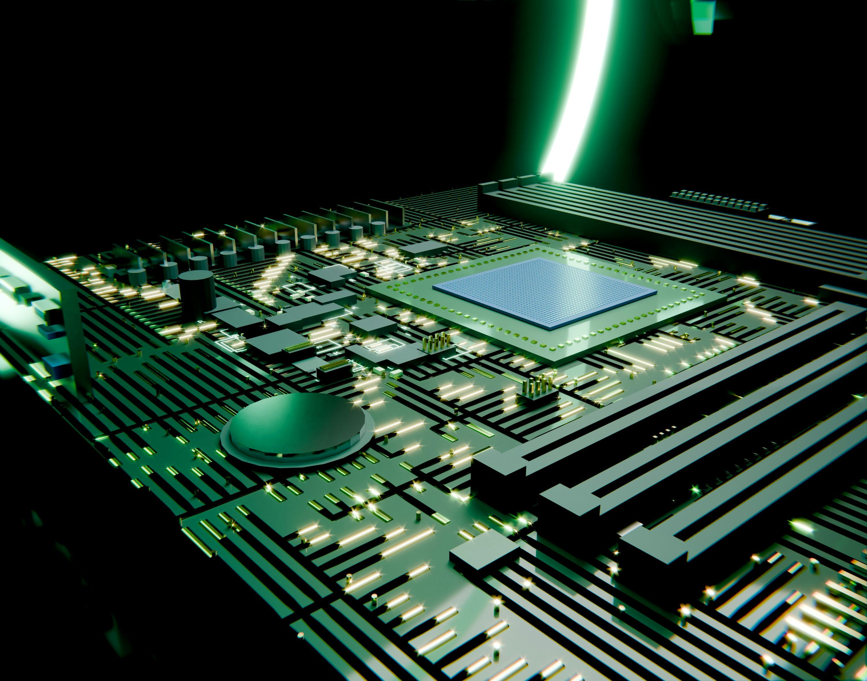 3000x2357 A glowing green circuit board with a central processor