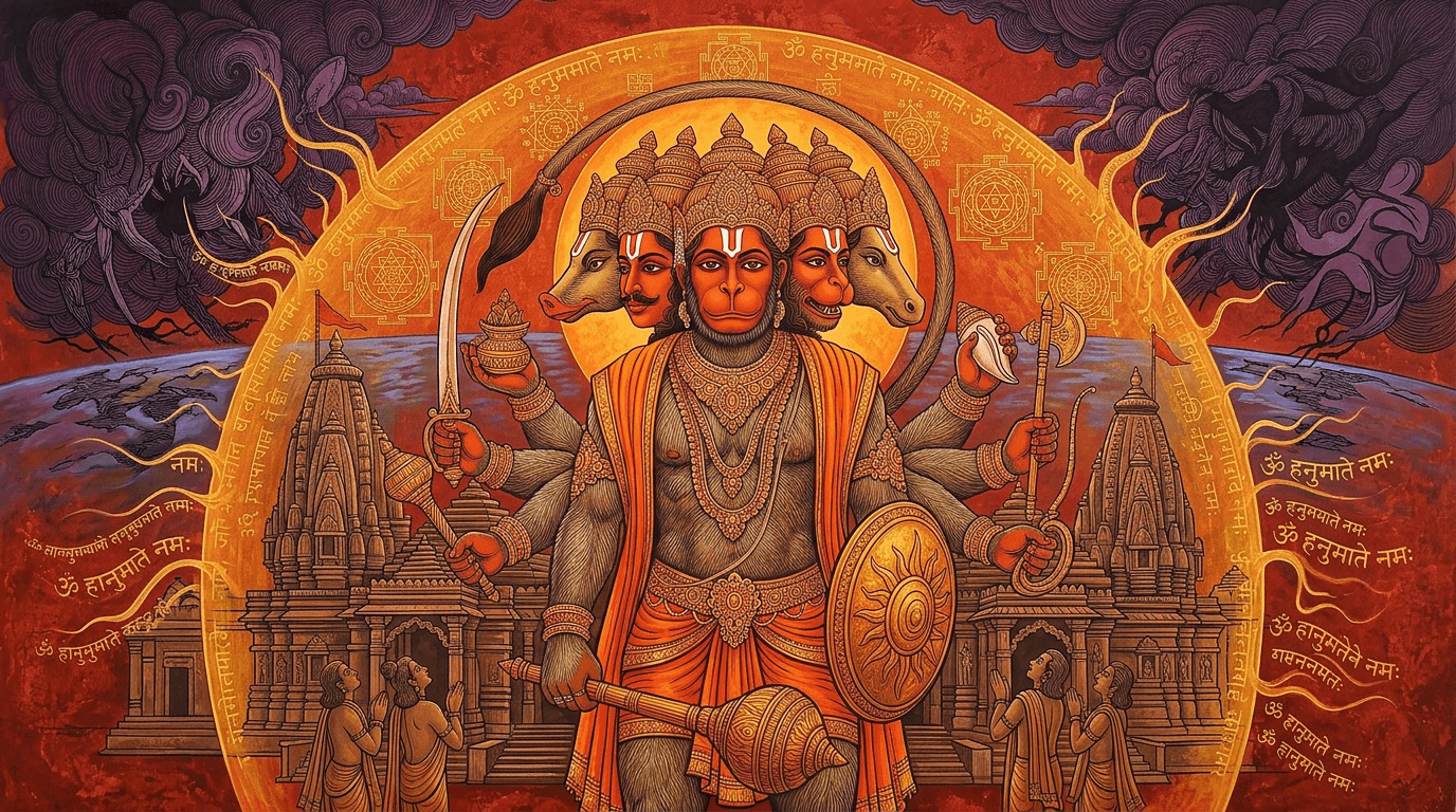 1376x768 An image of Panchmukhi Hanuman protecting temples from dark forces