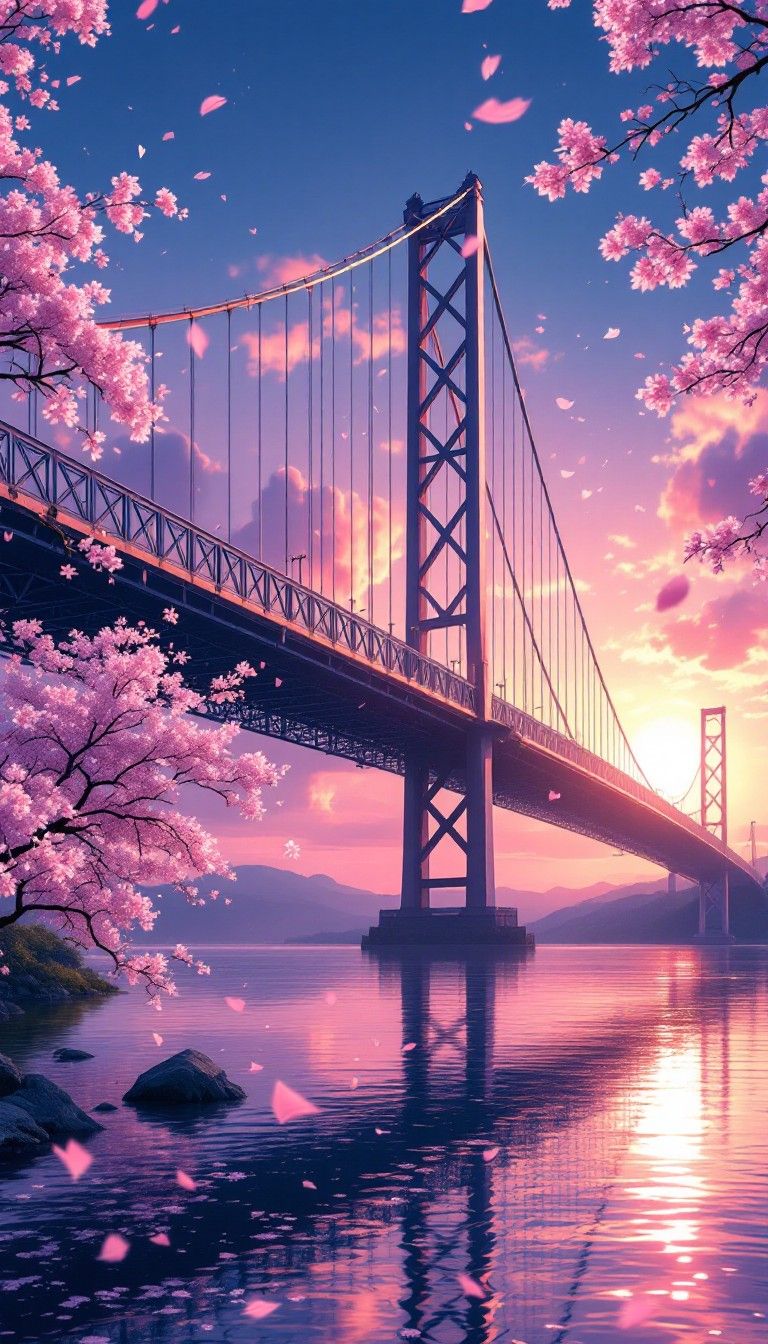 768x1344 Download Sakura Bridge Sunset Image, Sunset, Sakura