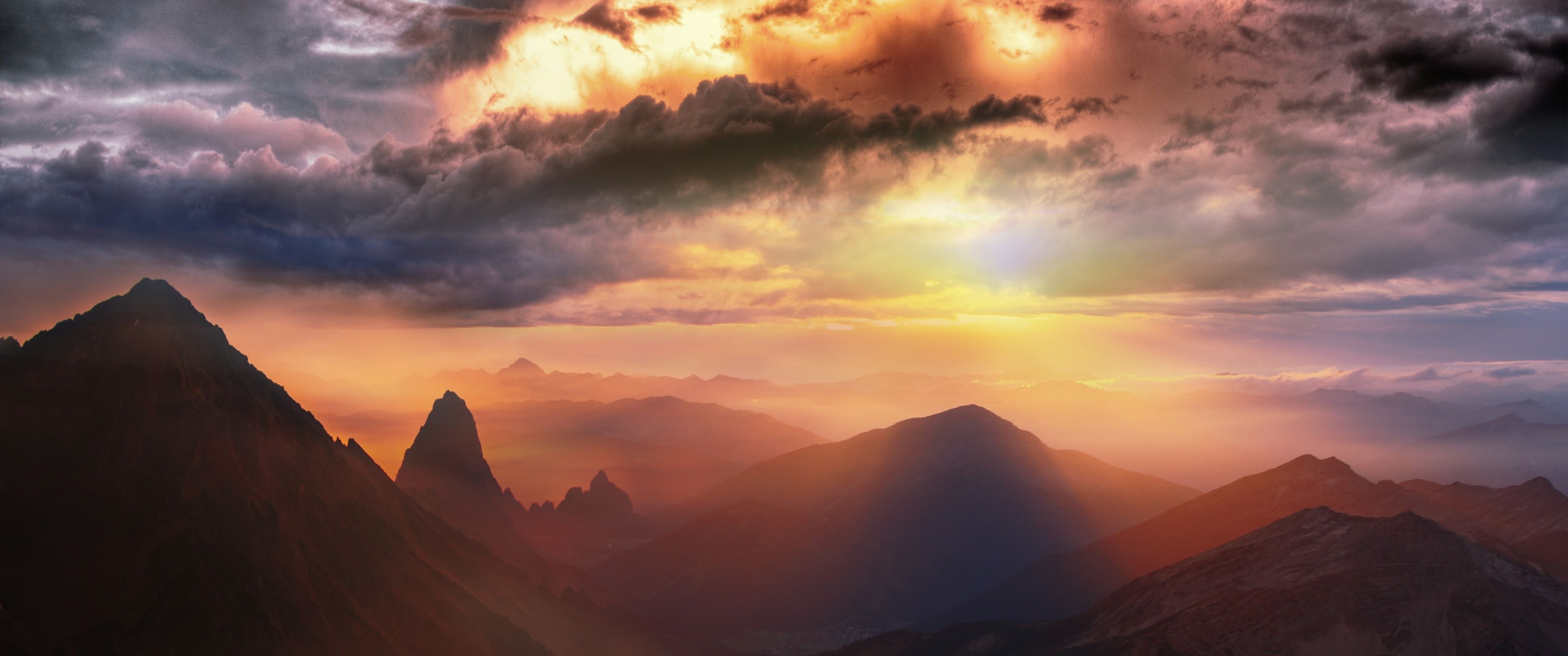 3440x1440 Mountain range Wallpaper 4K, Sunset, Fog, Clouds, Landscape