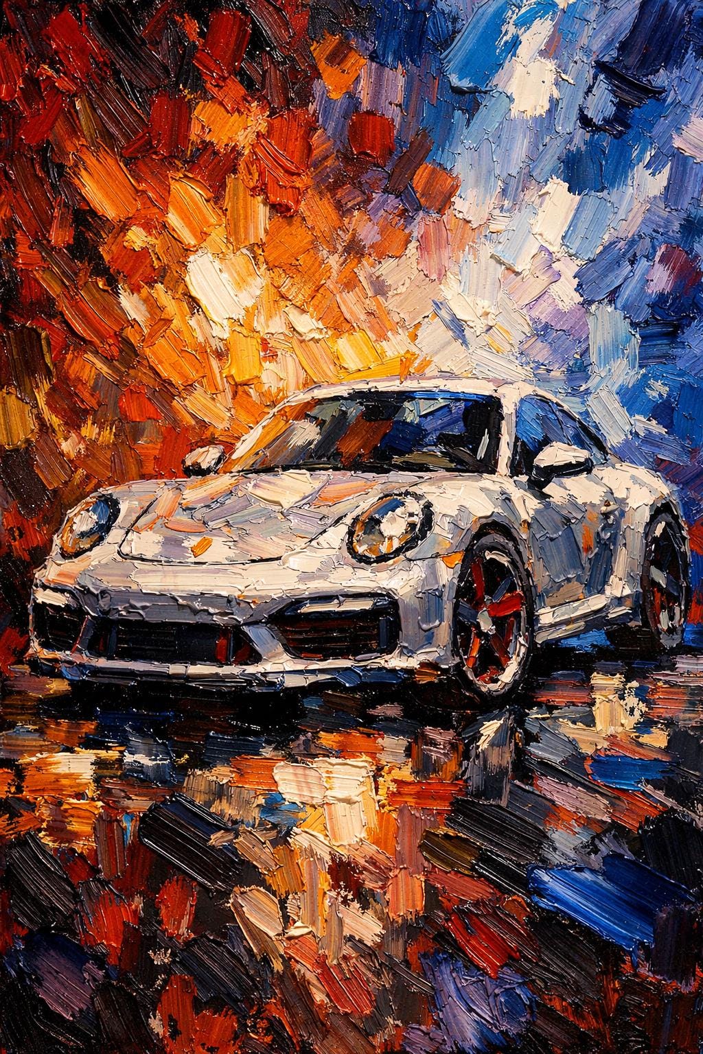 1024x1536 Porsche 911 Impasto Oil Painting Print, Textured Palette Knife Wall Art, Modern Sports Car Decor (digital Download)