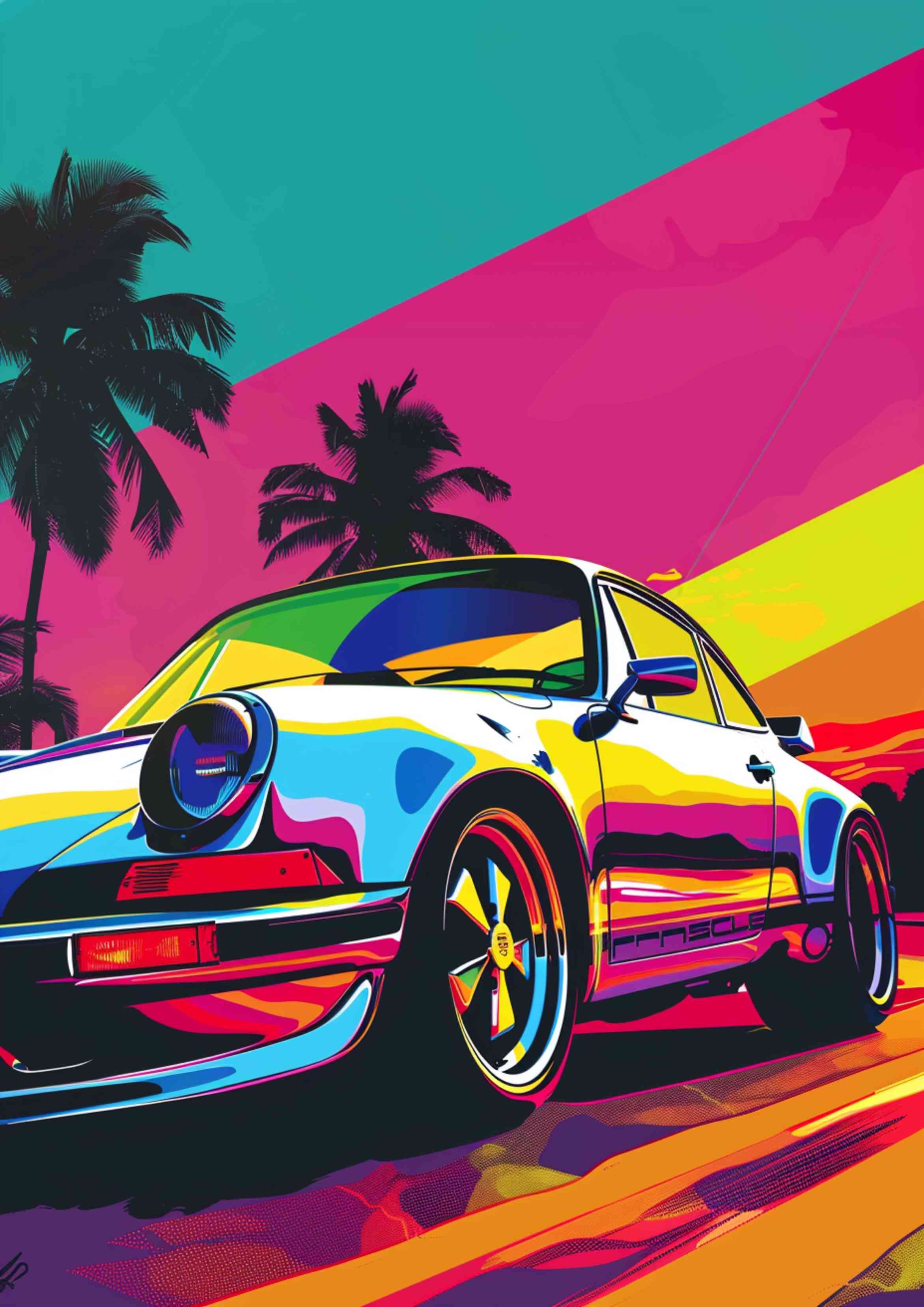 2343x3312 Vibrant Pop Art Porsche Sports Car Painting