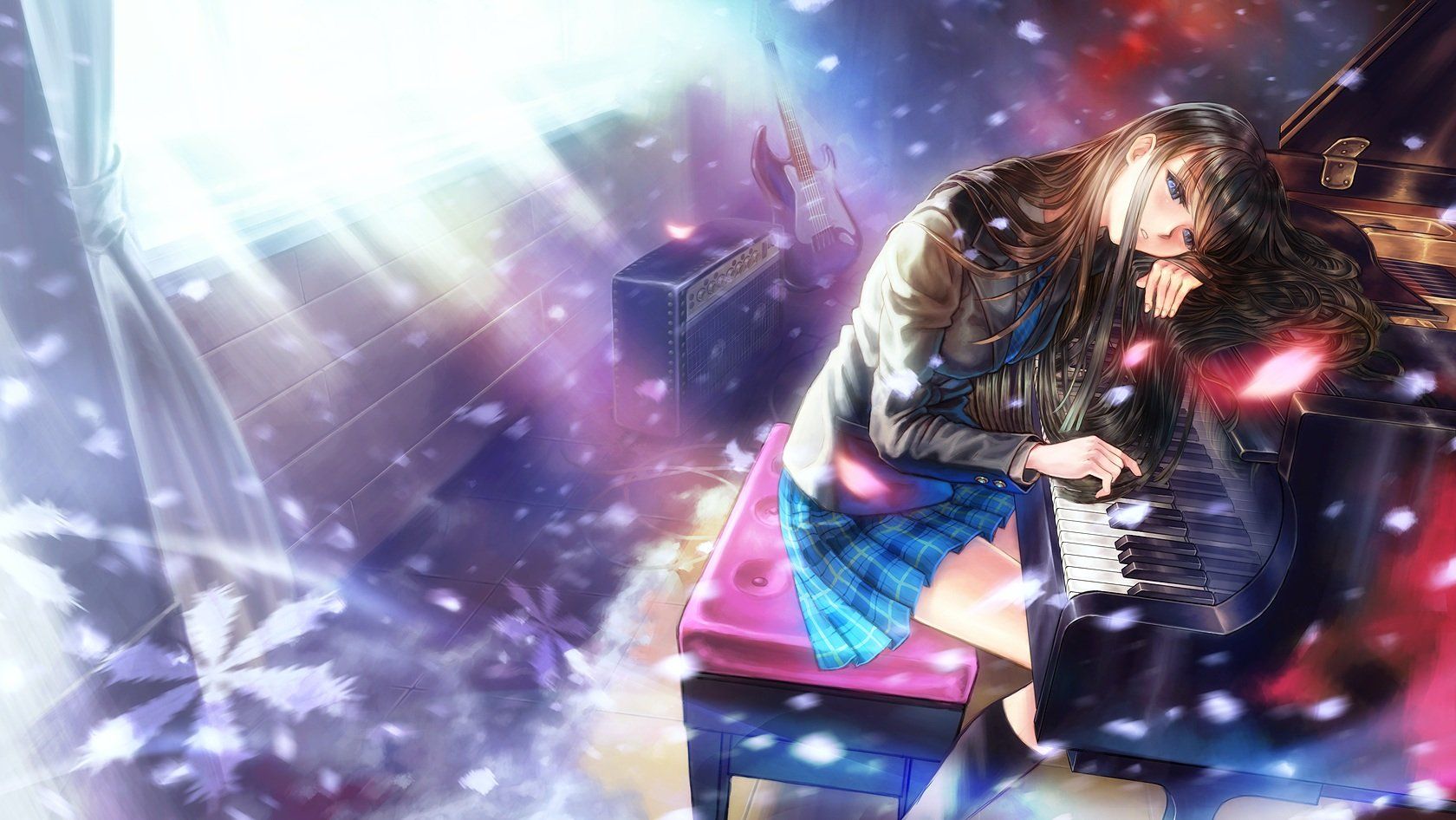 1680x946 anime, Girl, Piano, Black, Hair blue, Eyes guitar instrument kneehighs long, Hair mori, No, Kuma san petals piano seifuku skirt touma, Kazusa white, Album white, Album Wallpaper HD / Desktop and Mobile