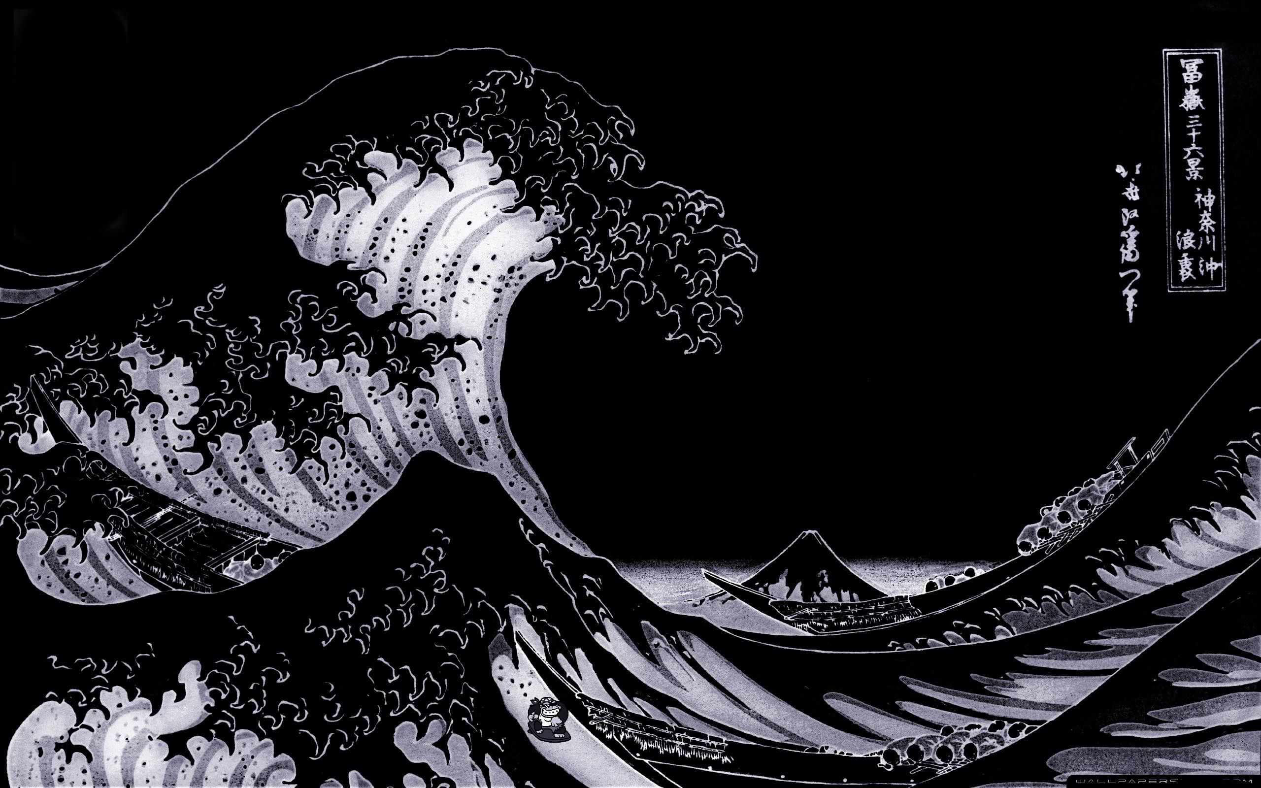 2560x1600 The Great Wave Off Kanagawa Black And White Outline Wallpaper