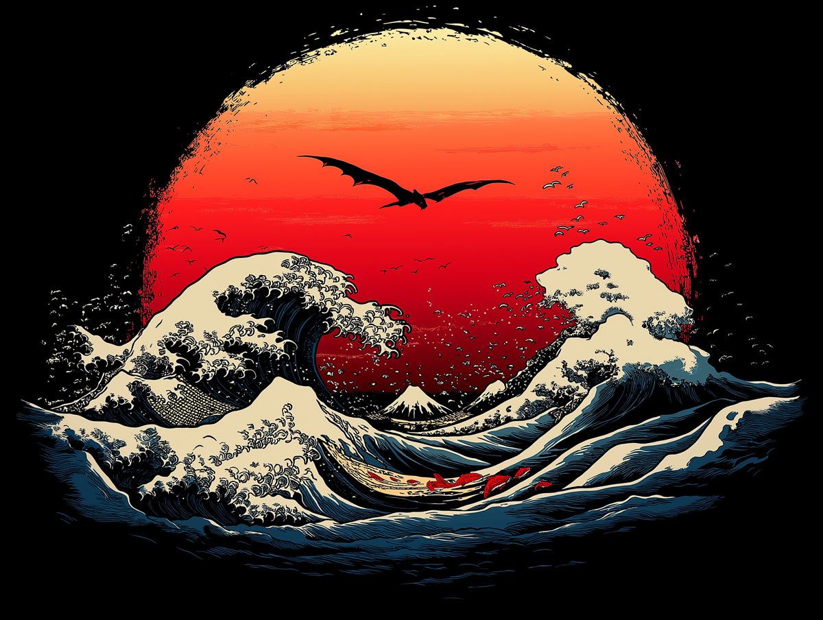 1200x904 Japanese Dragon and Great Wave Mural Wallpaper