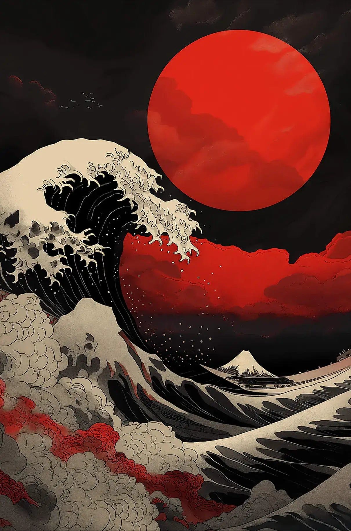1210x1828 Black and Red Japanese Ink Wave Painting. BIG Wall Décor