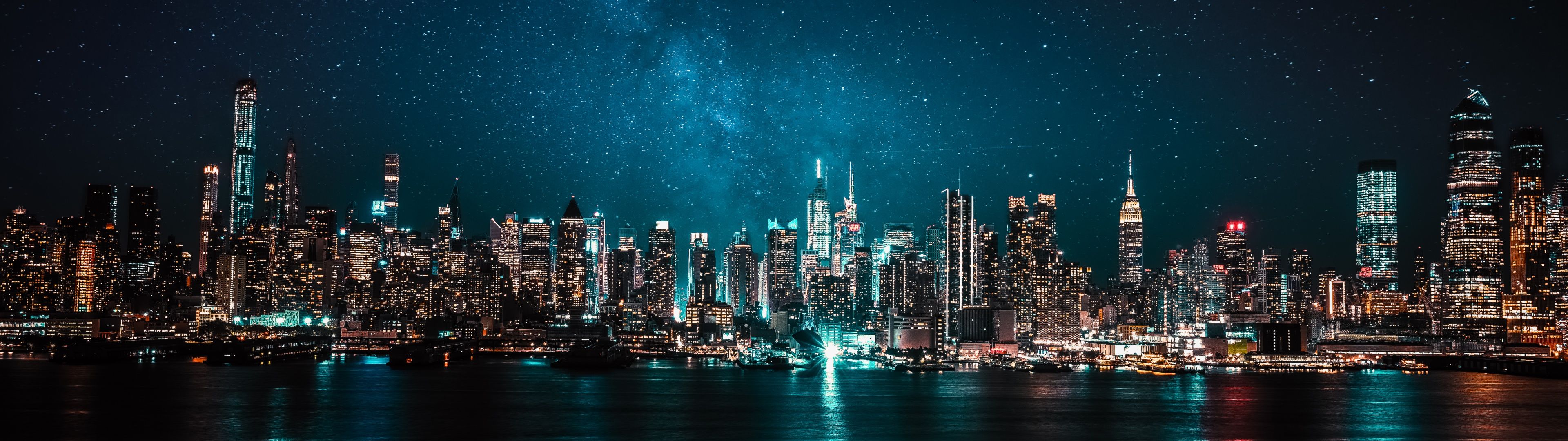 3840x1080 Night City Wallpaper 4K, City lights, Reflections