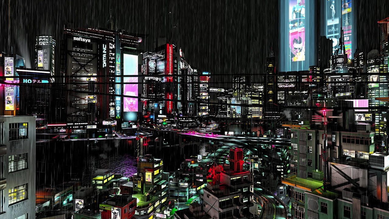 1280x720 Cyberpunk 2077 City Rain Walk [2 Hours]K Neon Ambience
