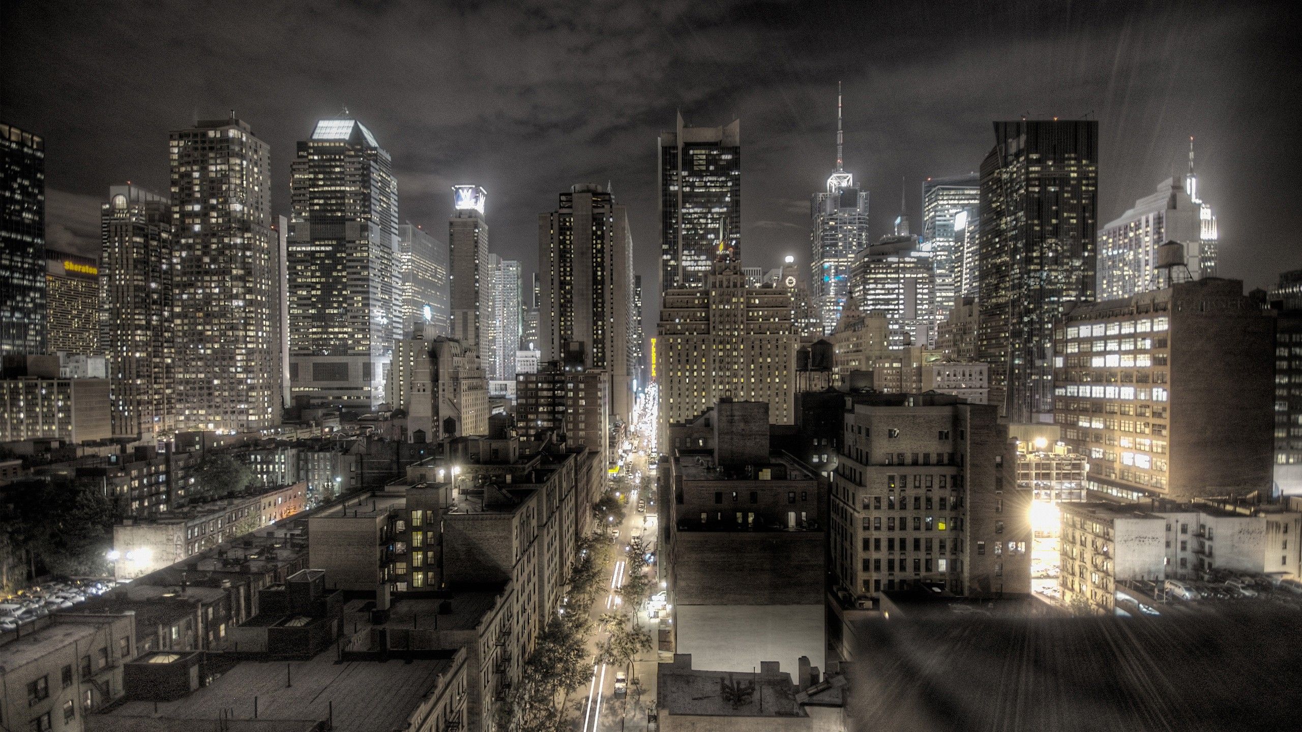 2560x1440 New York Manhattan City Buildings With Lights During Night HD New York Wallpaper