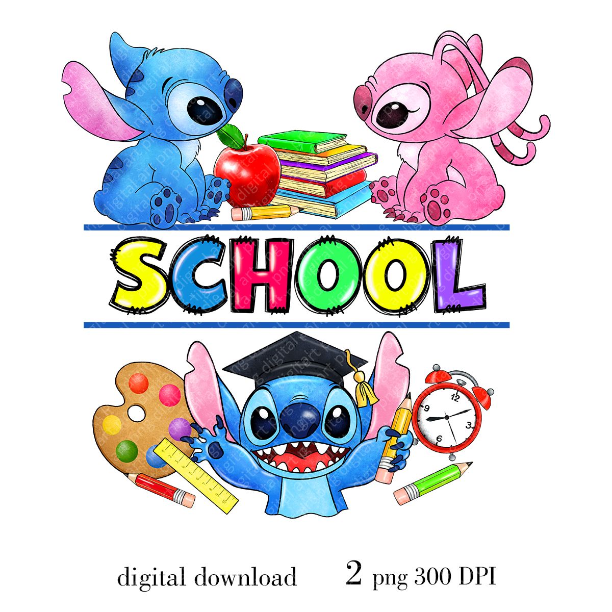 1200x1200 Lilo and Stitch School Design, Cute Cartoon School Clip Art, Stitch and Angel Back to School PNG, Sublimation Design
