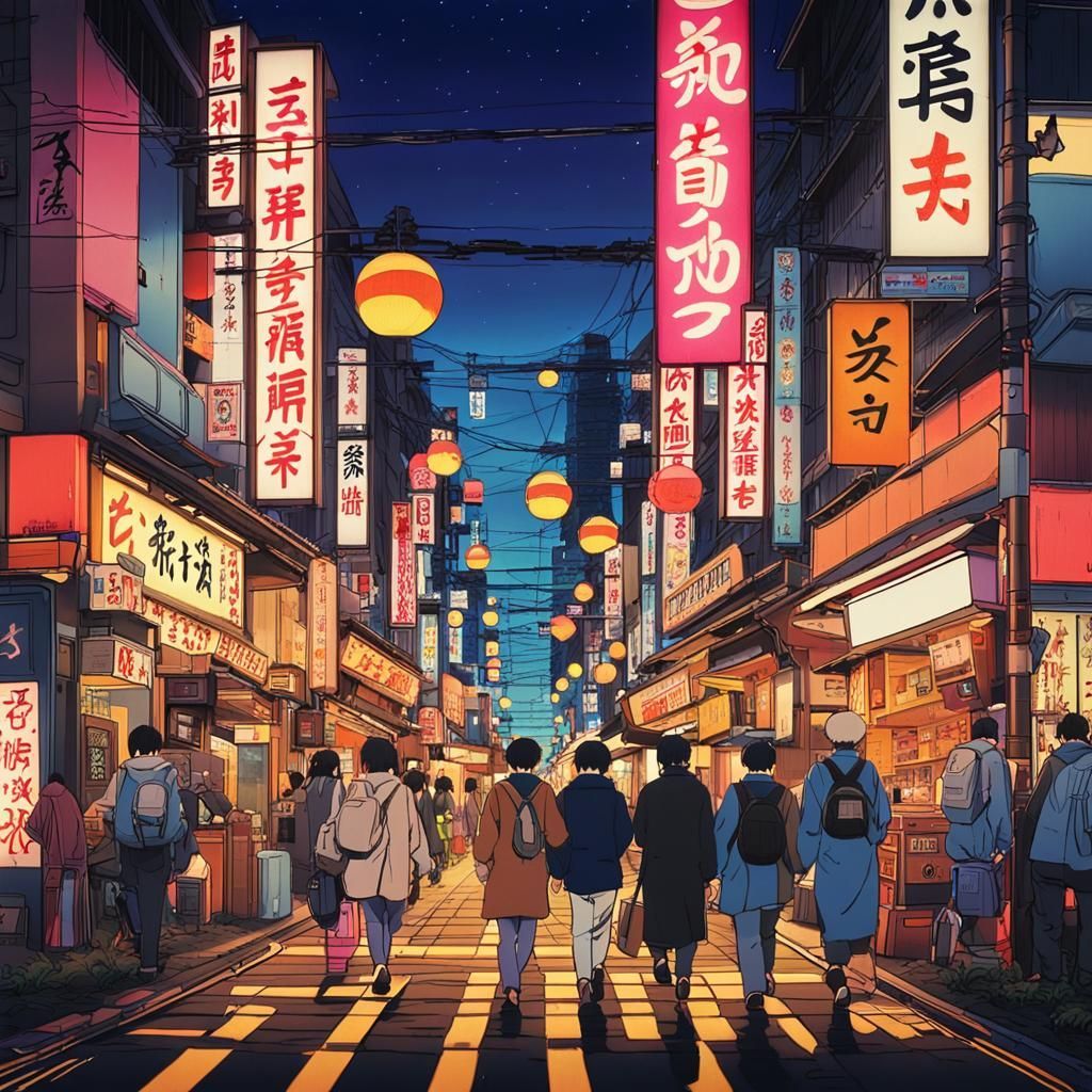 1024x1024 1. 1980s Japanese Street at Night: A busy Tokyo street in the 1980s with neon signs glowing brightly in kanji, pedestrians walking in trend
