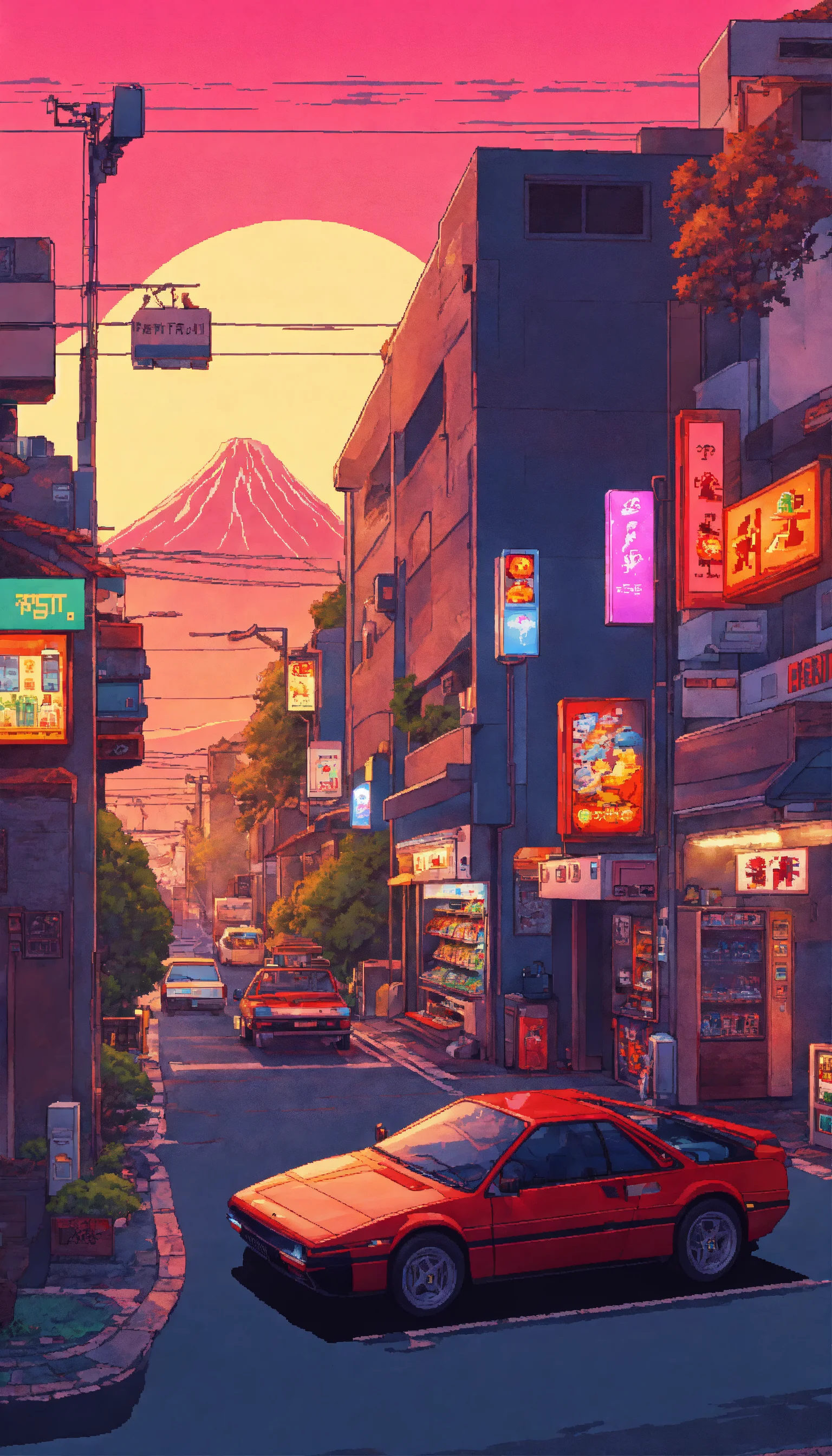 1536x2688 Lexica Ghibli style. Retro feel in 80s style like in Stranger things + japan city street+ sun set + forest + upper view + Japanese snack vendin