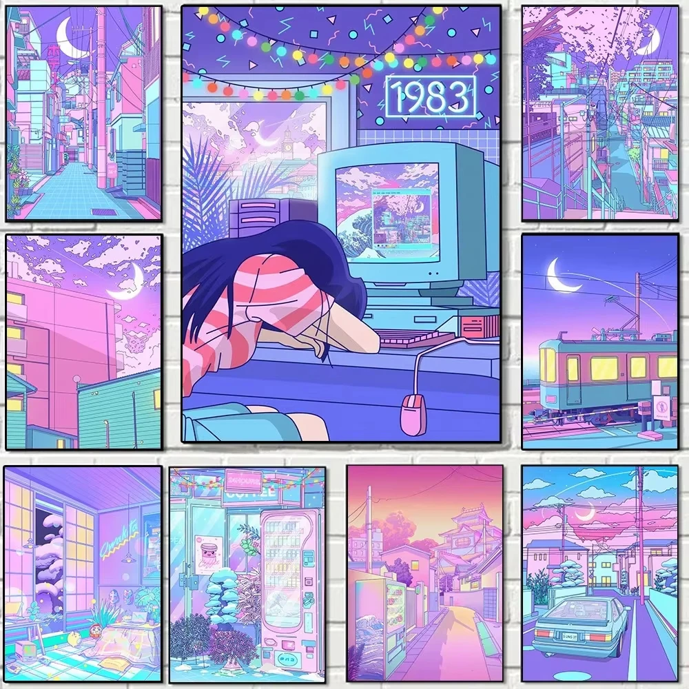1000x1000 Neon City Street Vaporwave Diamond Painting 80s Retro Japan Anime Style with Moon Diamond Art Kawaii Room Decor for Children