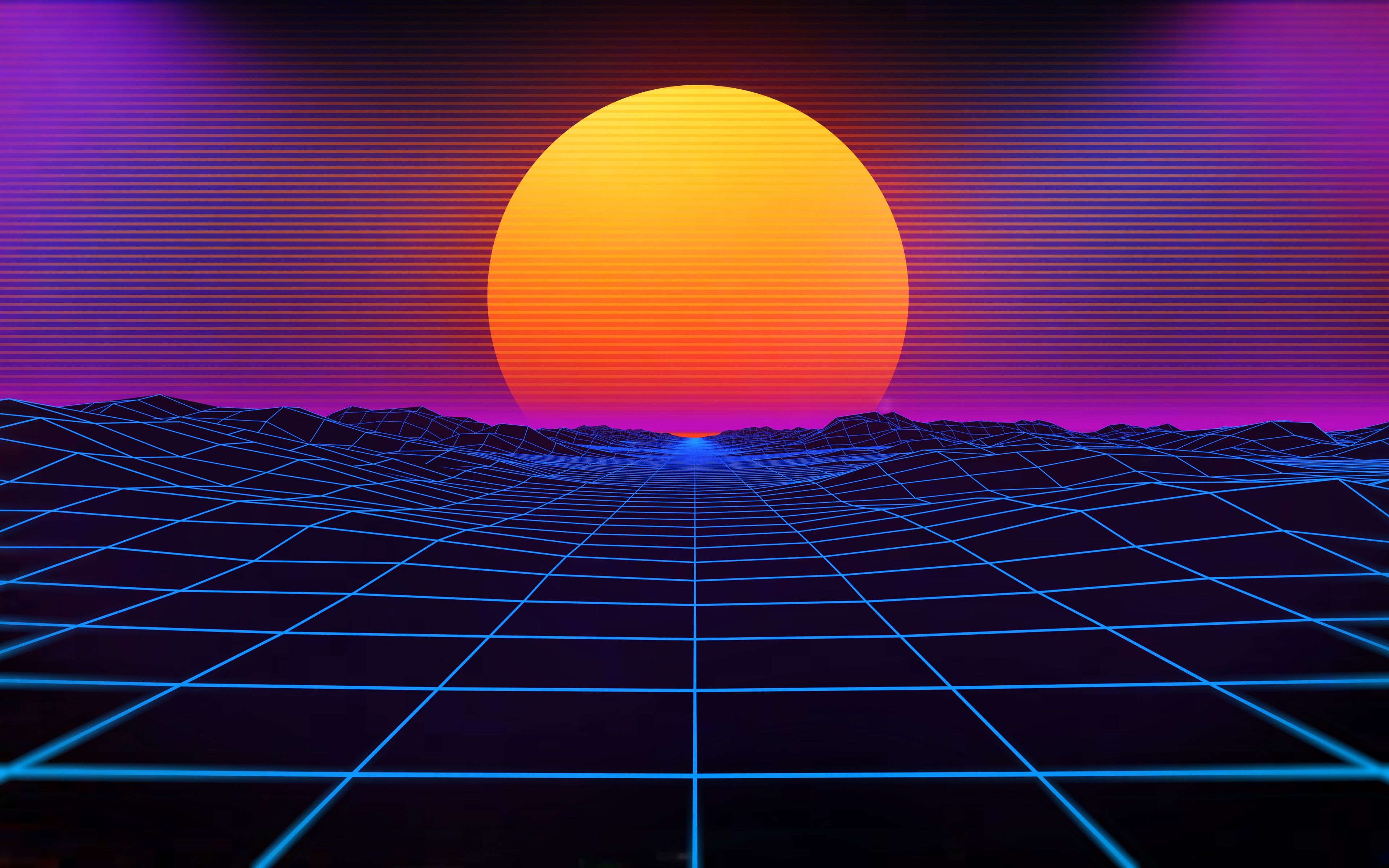 3840x2400 Cyberpunk Sunset Grid Mountains Sun Dark Design 4K , HD 4k Wallpaper, Image, Background, Photos and Picture