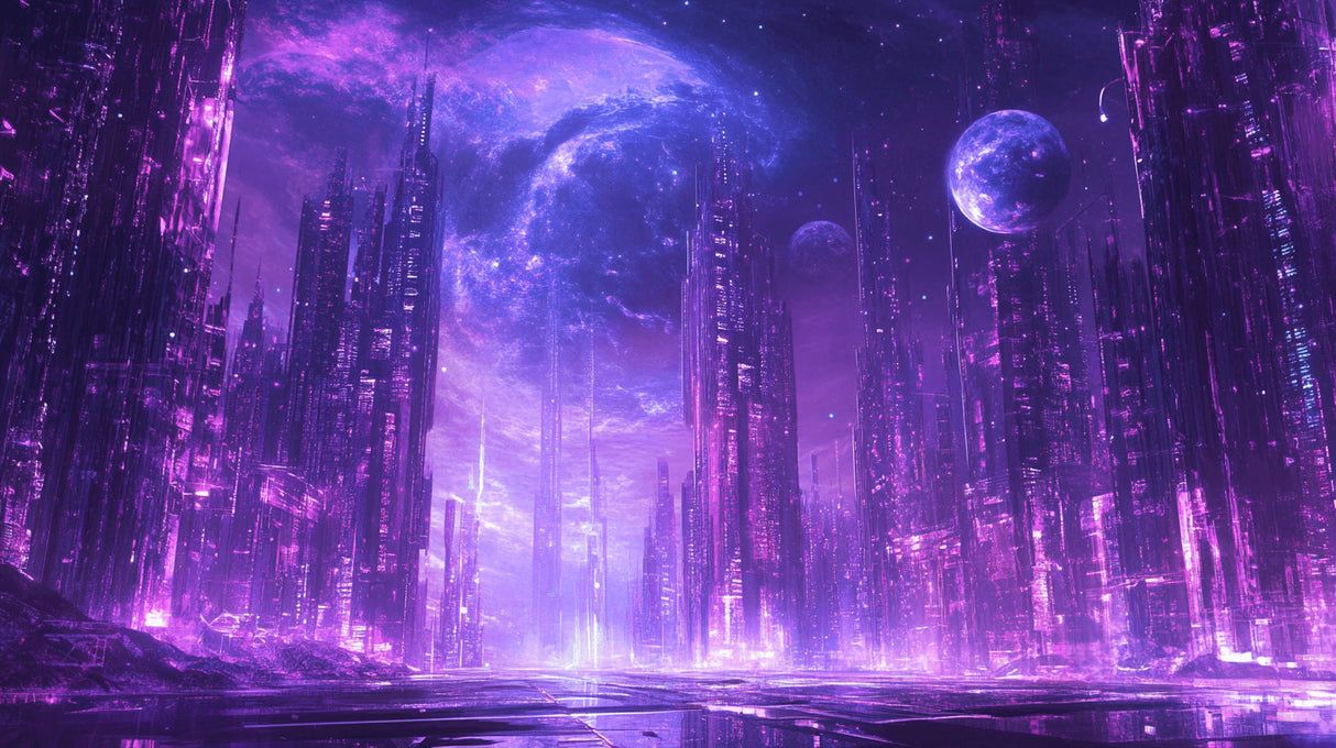 1214x680 Futuristic Mural Wallpaper. Purple Cyberpunk City Galaxy