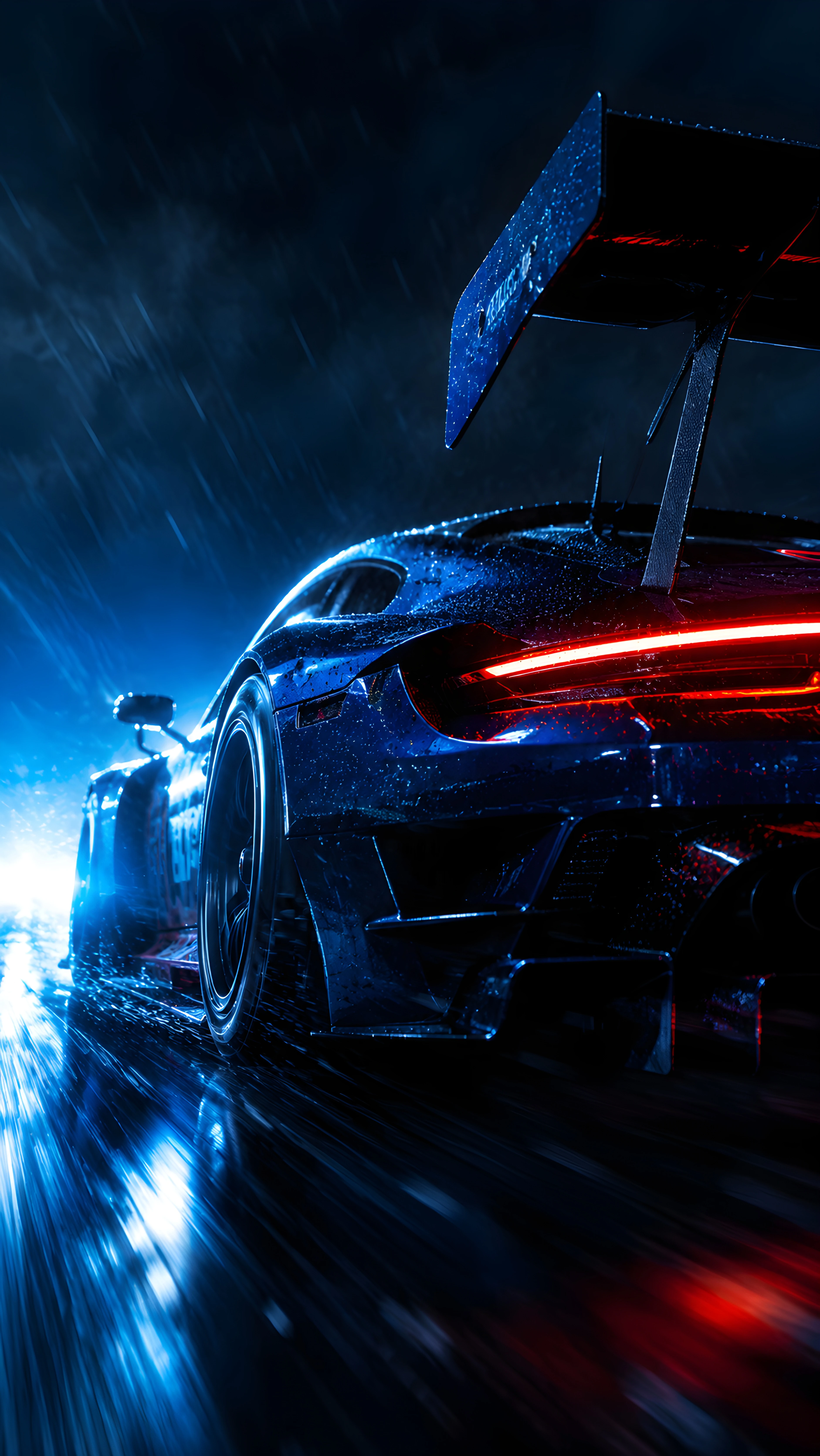 3764x6688 Blue GT Racing Car Rain Night Cinematic Wallpaper 4K