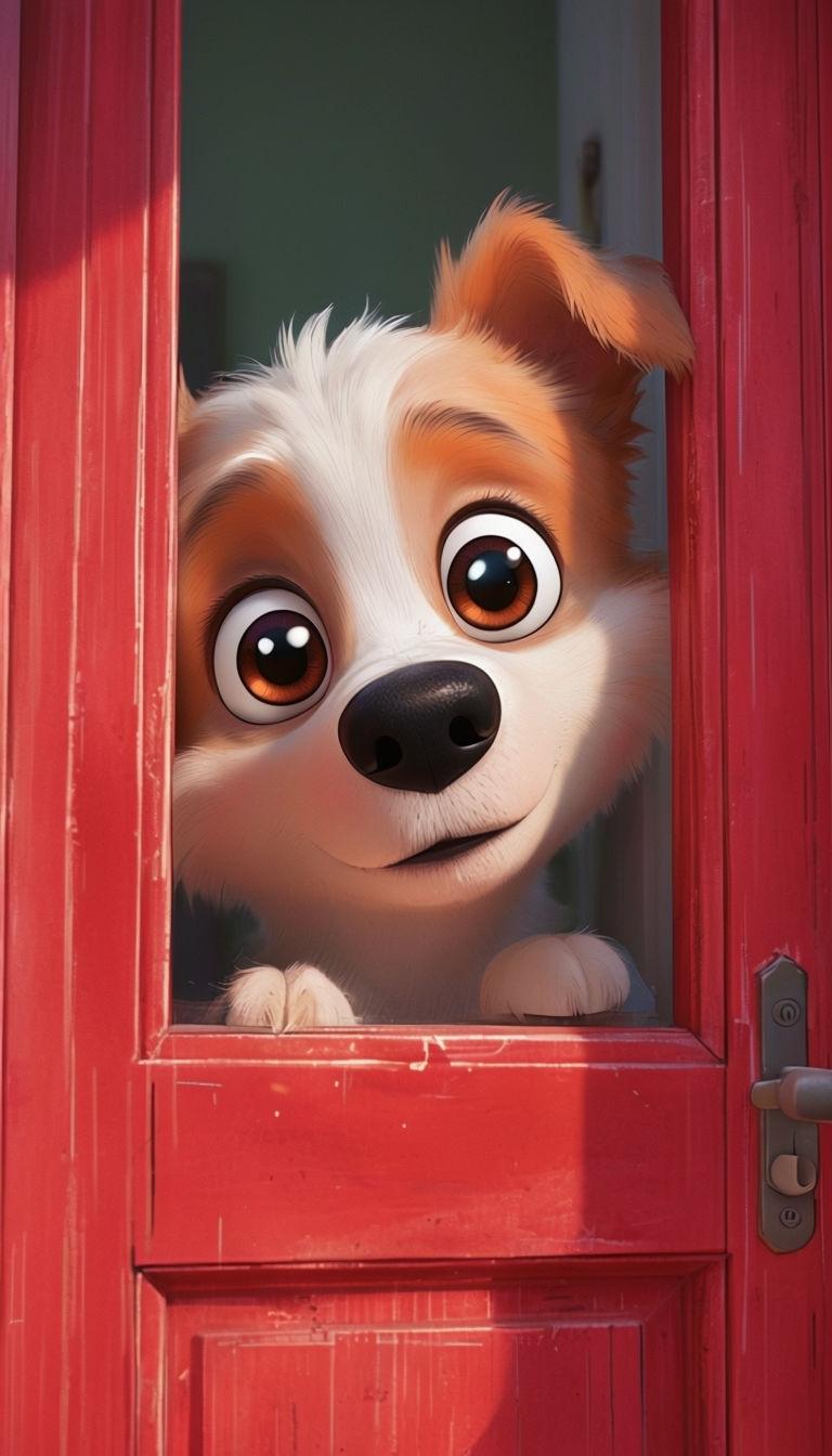 768x1344 Cute Dog Peeking Through a Vibrant Red Door Illustration Mobile Wallpaper