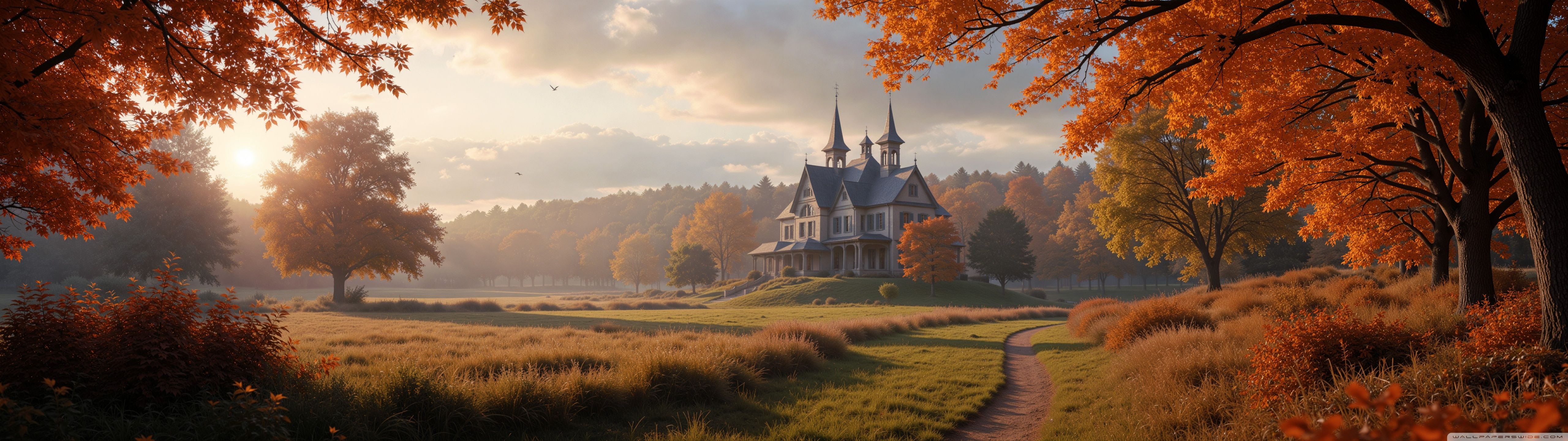 5120x1440 Mansion Amidst an Autumn Scene 4K UHD Wallpaper for UltraHD Desktop and TV : Widescreen and UltraWide Display and Triple