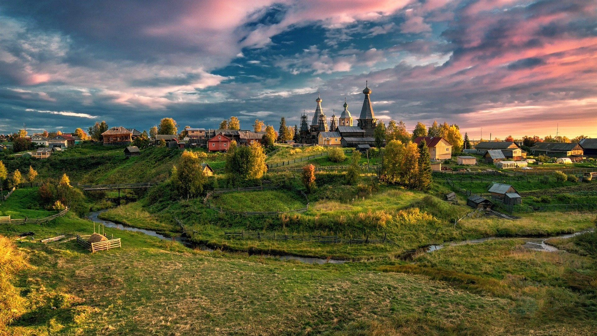 1920x1080 Riverside Mountain Town at Dusk