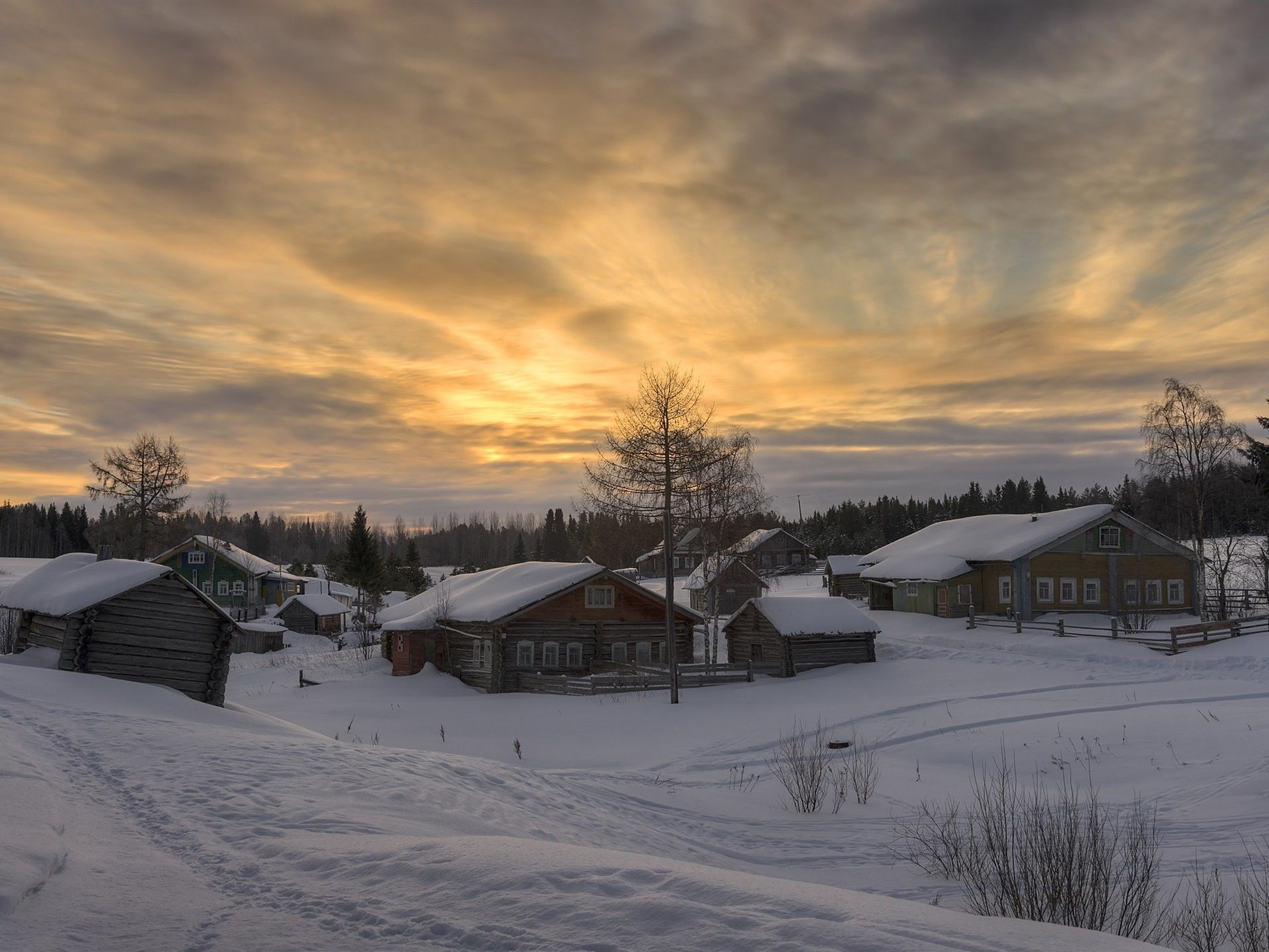 1920x1440 Wallpaper Winter, snow, village, dusk, Arkhangelsk oblast, Russia 1920x1440 Picture, Image