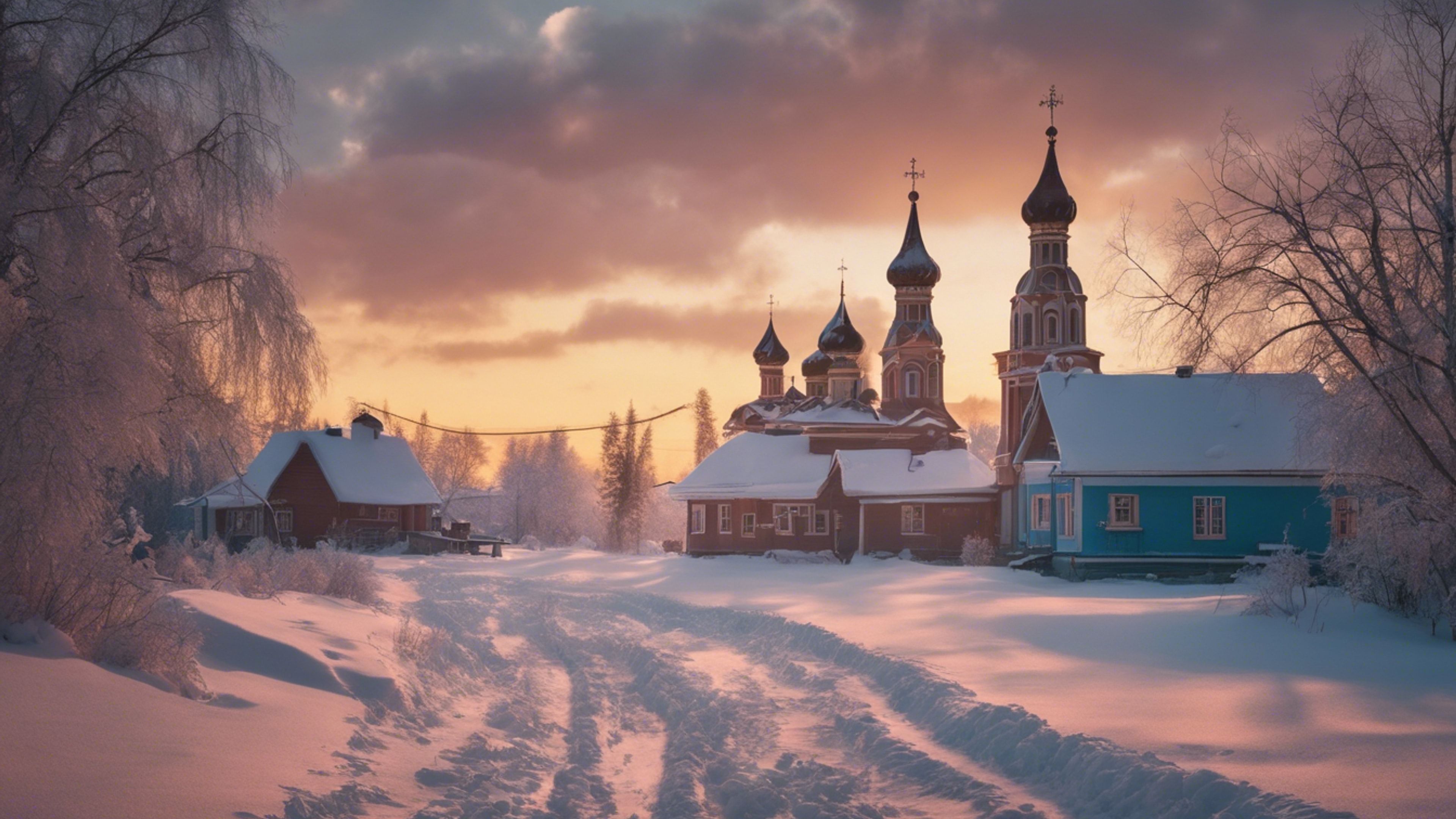 3840x2160 A snowbound Russian village under the mystic light of a nostalgic sunset. Wallpaper [d590942729fa40abb5f5]