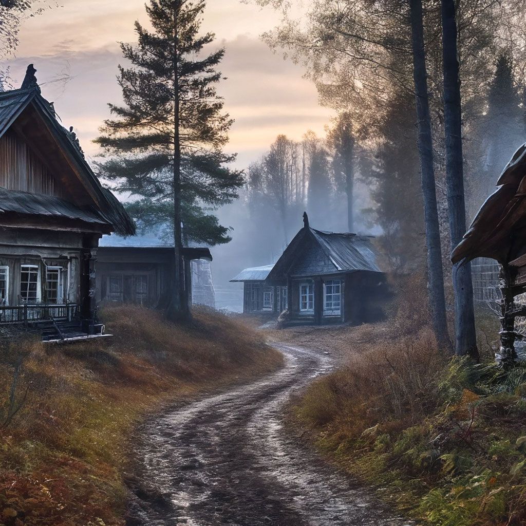 1024x1024 Abandoned Russian village in the forest, winding path, very old wooden