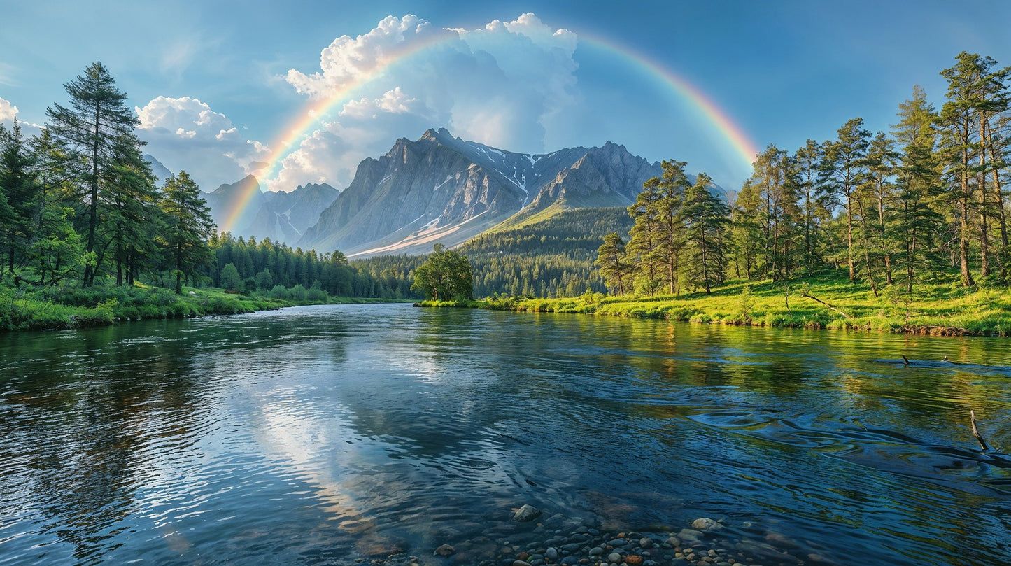 1445x809 Mountain Lake with a Rainbow Reflected in the Water Wallpaper