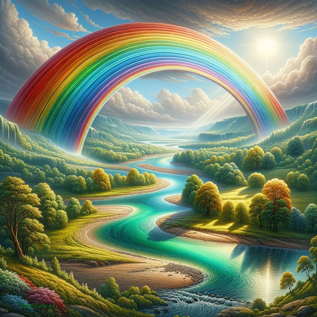 1024x1024 Vibrant landscape with river, hills, and rainbow sky. Deep Dream Generator