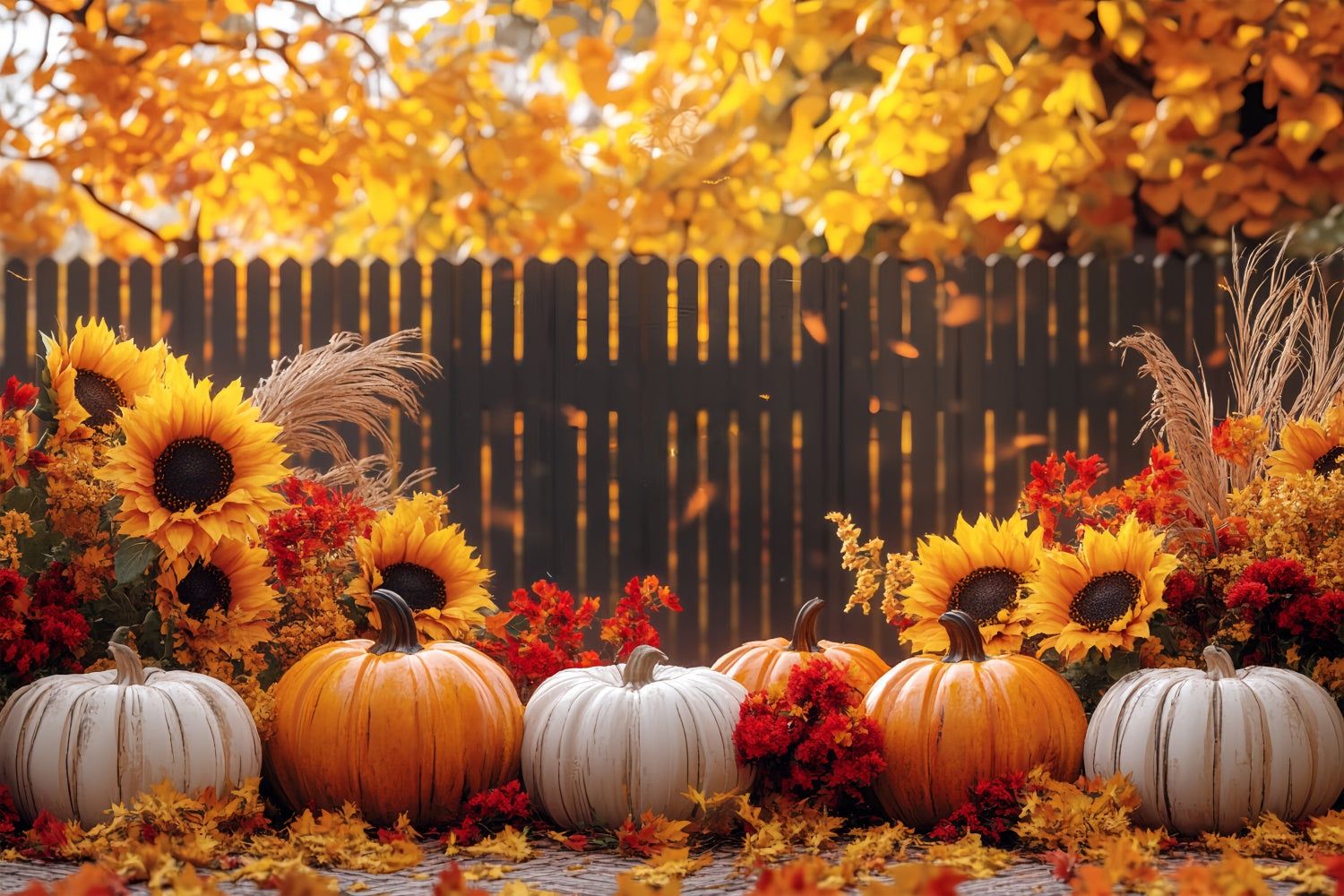 1500x1000 Fall Thanksgiving Backdrop Sunflower Fence Pumpkin Backdrop BRP57 327