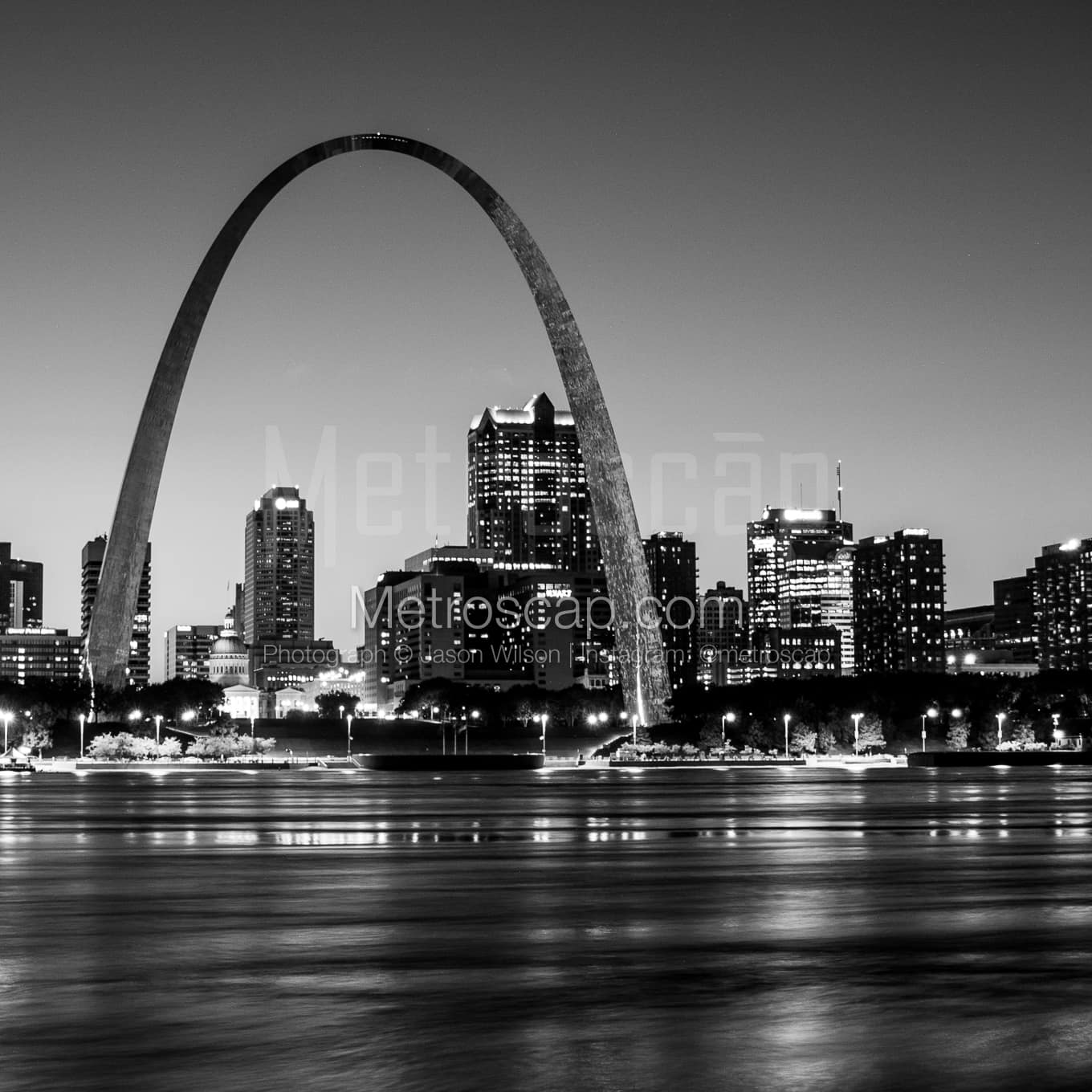 1360x1360 St Louis Skyline Under Arch Black and White