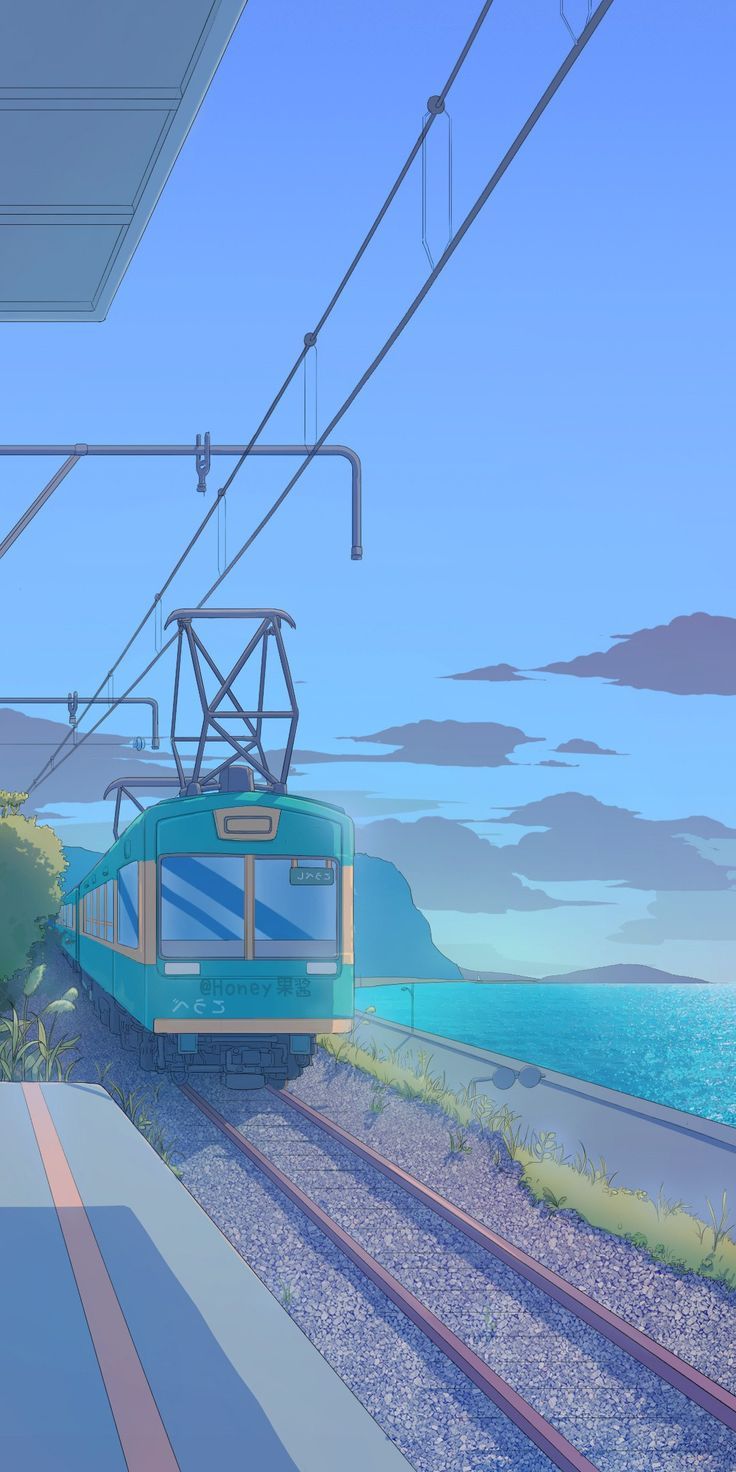 736x1472 Blue Train Traveling by the Ocean. Teal anime background, Teal lofi aesthetic, Teal anime wallpaper