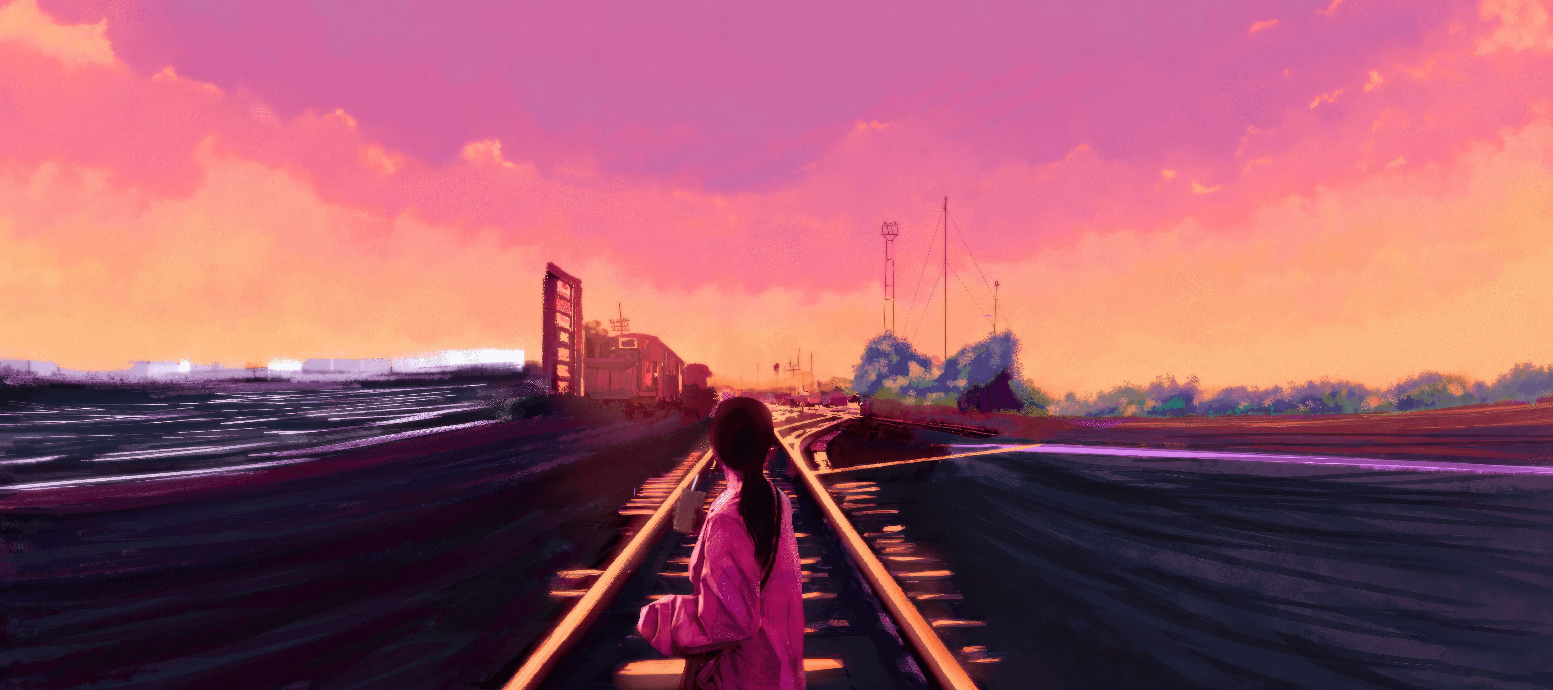 5000x2222 Anime Girl Chill Time With Starbucks On The Train Track Wallpaper, HD Anime Wallpaper, 4k Wallpaper, Image, Background, Photos and Picture