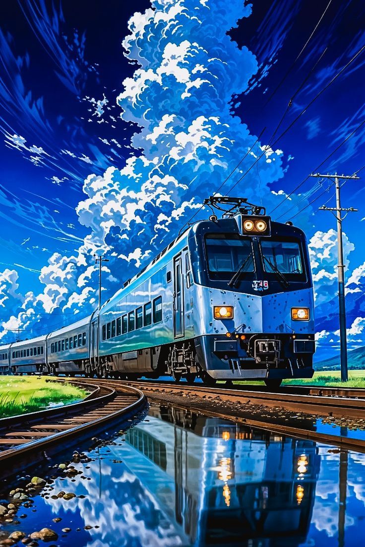 736x1104 Stunning Anime Train Wallpaper. Sunrise Reflections on Tracks