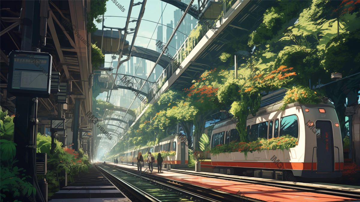 1200x673 Sunlit Eco Friendly Train Station Ai Generated 2D Cartoon Illustration