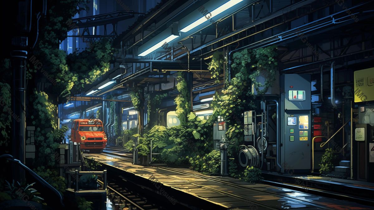 1200x673 Lush green train station lit by fluorescent lights ai generated 2D car